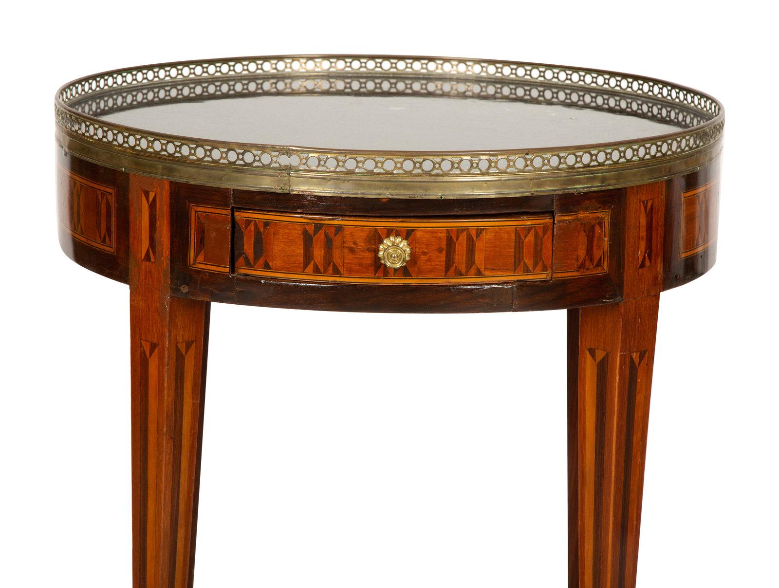French Louis XVI Style Marquetry Marble-Top Gueridon with a Gallery, Early 20th Century