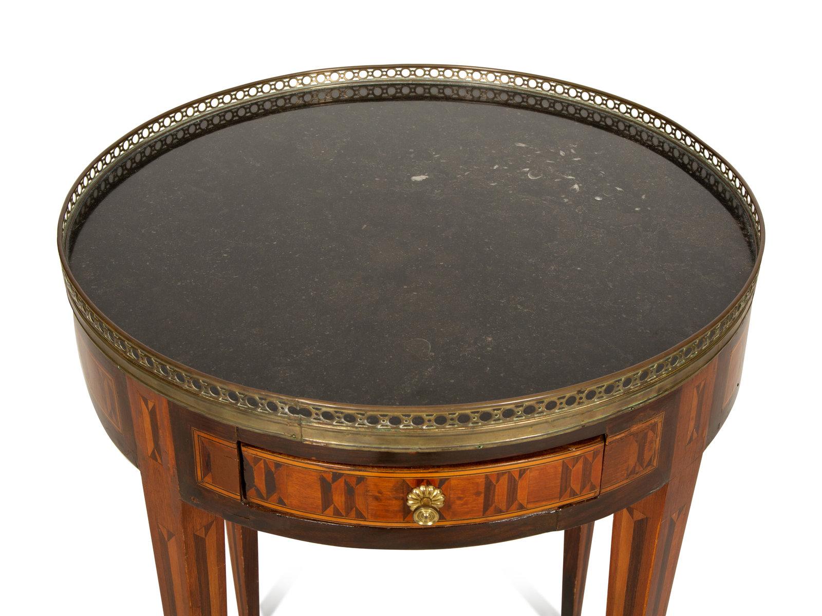 Louis XVI Style Marquetry Marble-Top Gueridon with a Gallery, Early 20th Century 1