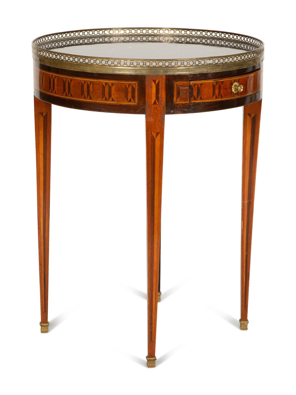 Louis XVI Style Marquetry Marble-Top Gueridon with a Gallery, Early 20th Century 2