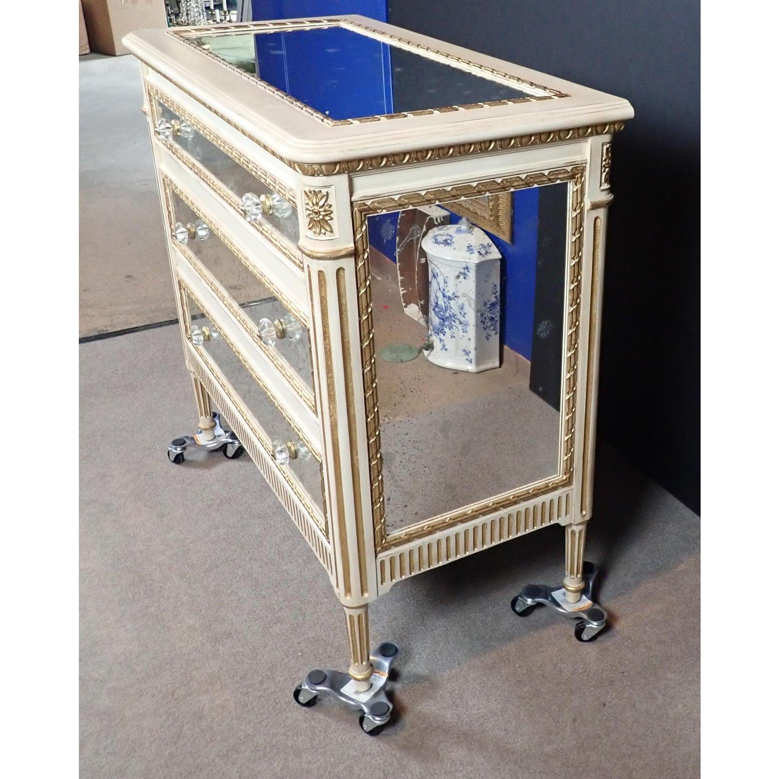 European Mirrored Louis XVI Gilt and White Painted Chest of Drawers