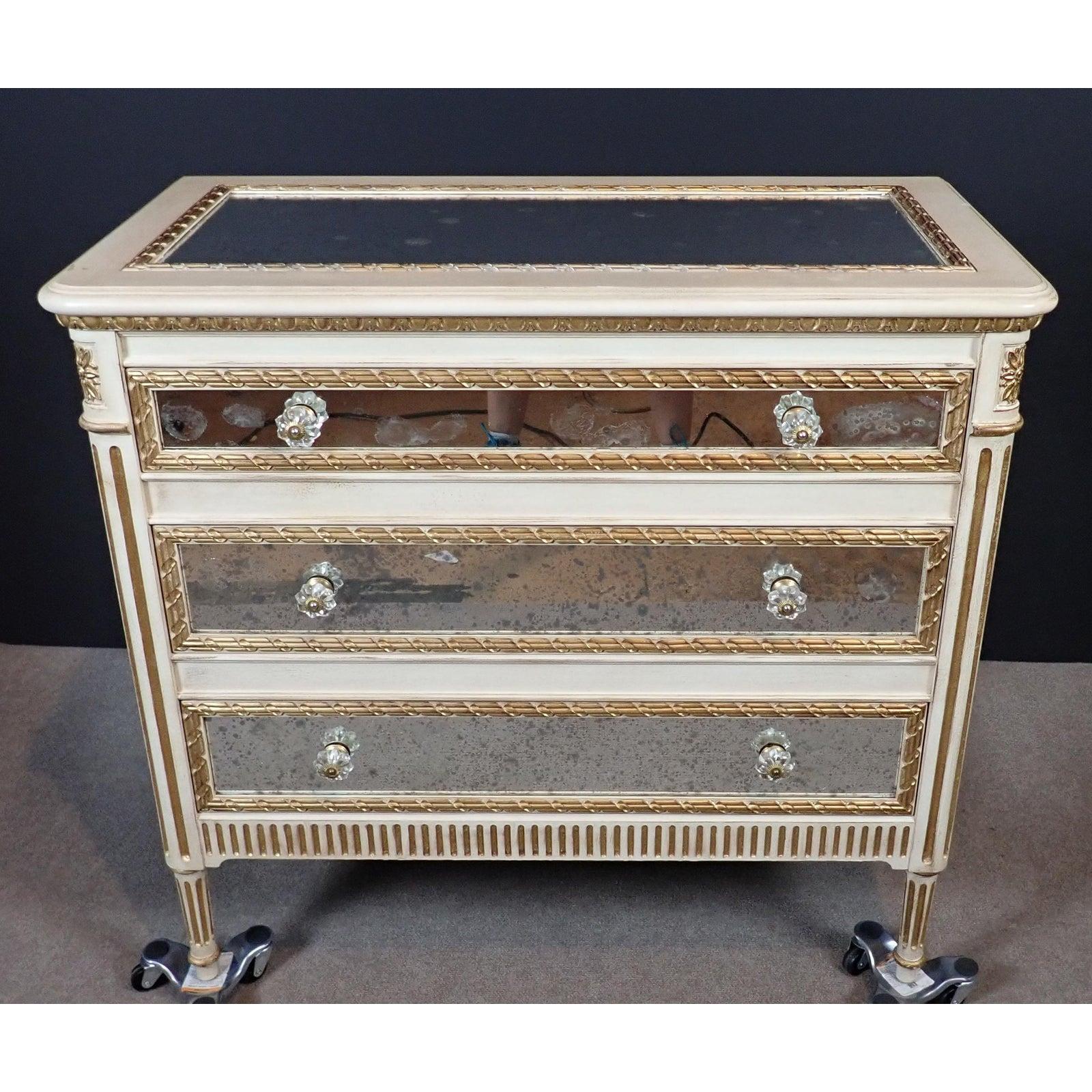 Mirrored Louis XVI Gilt and White Painted Chest of Drawers In Good Condition In Norwood, NJ