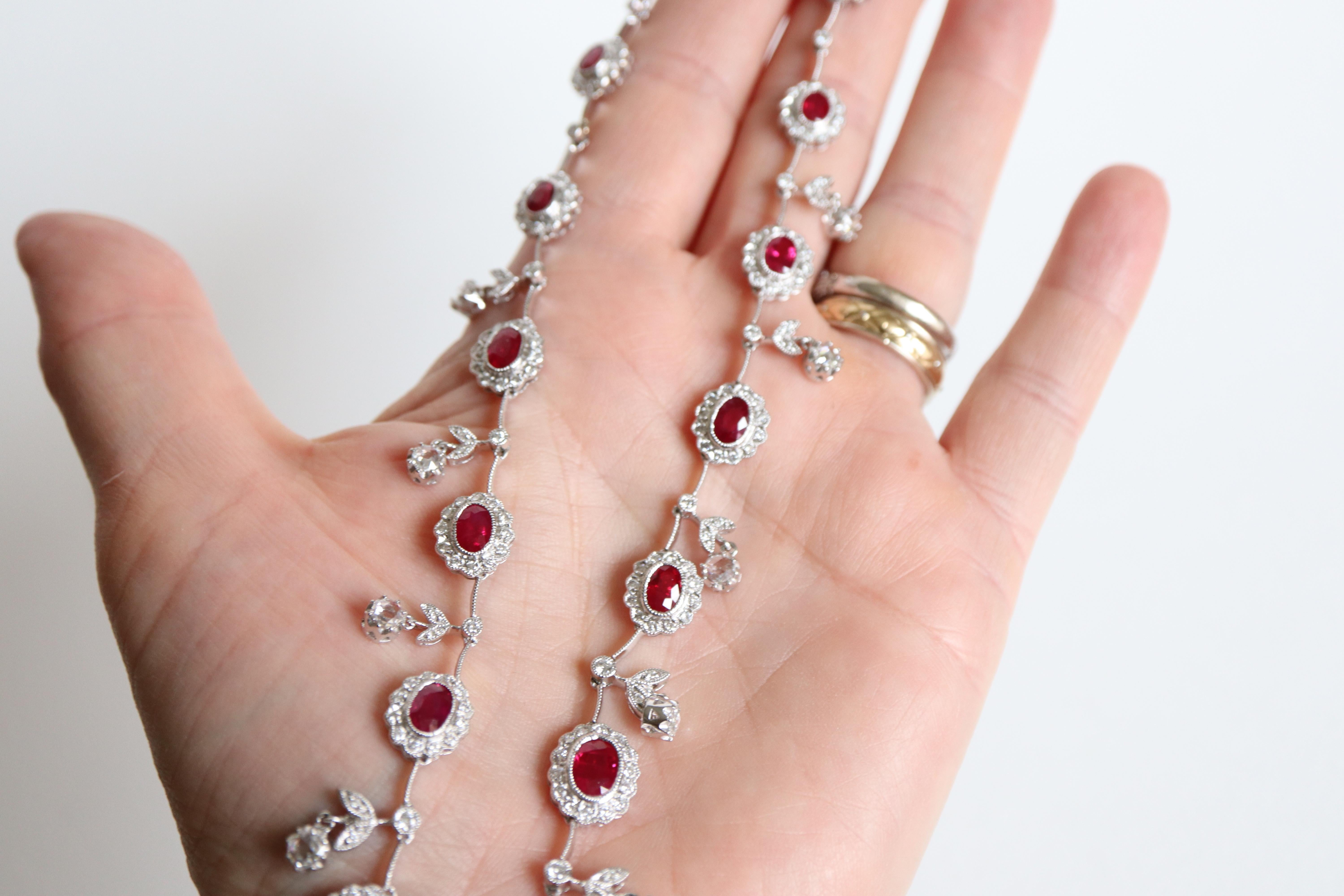 Louis XVI Style Necklace in 18 Carat White Gold Rubies and Diamonds For Sale 3