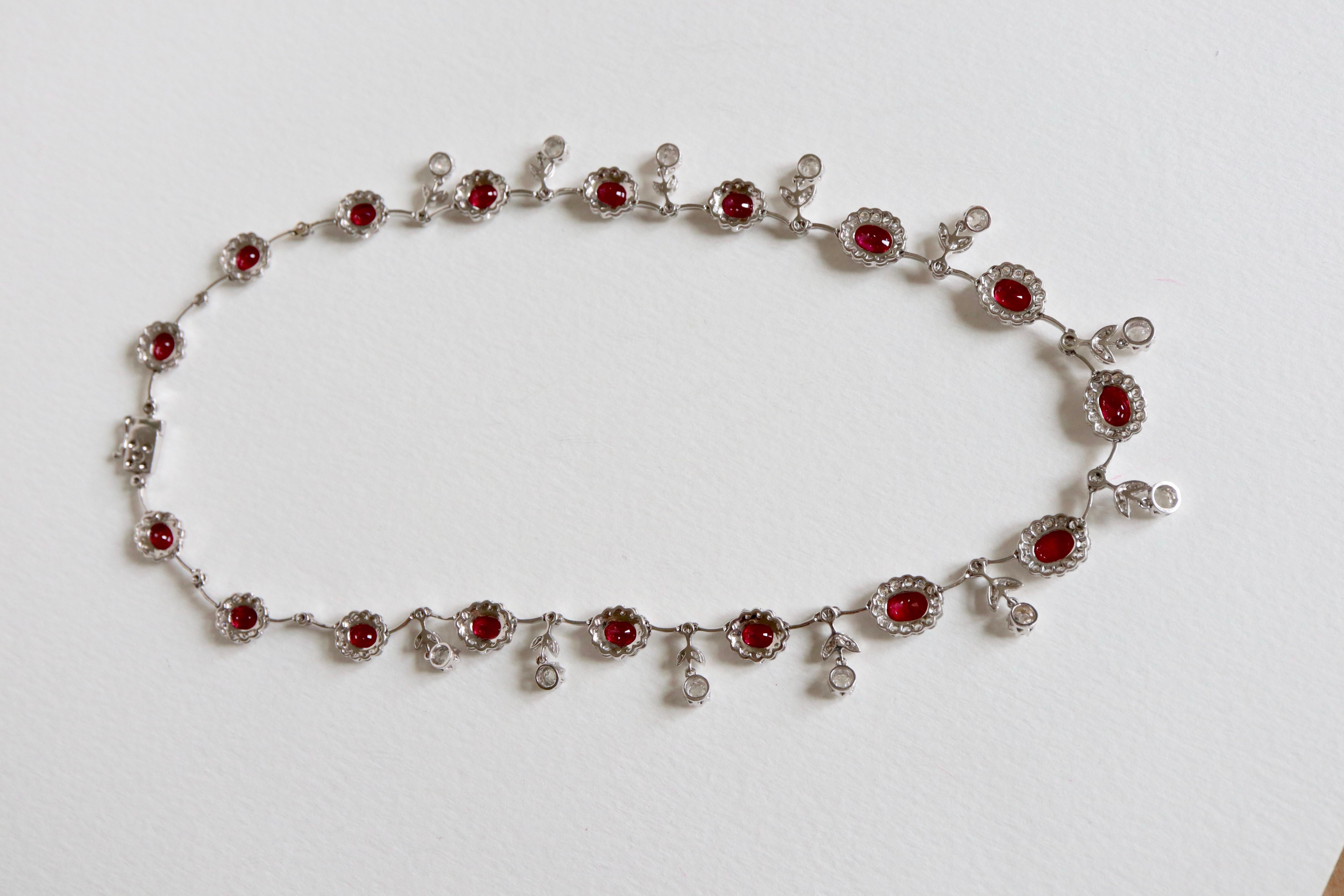 Rococo Louis XVI Style Necklace in 18 Carat White Gold Rubies and Diamonds For Sale