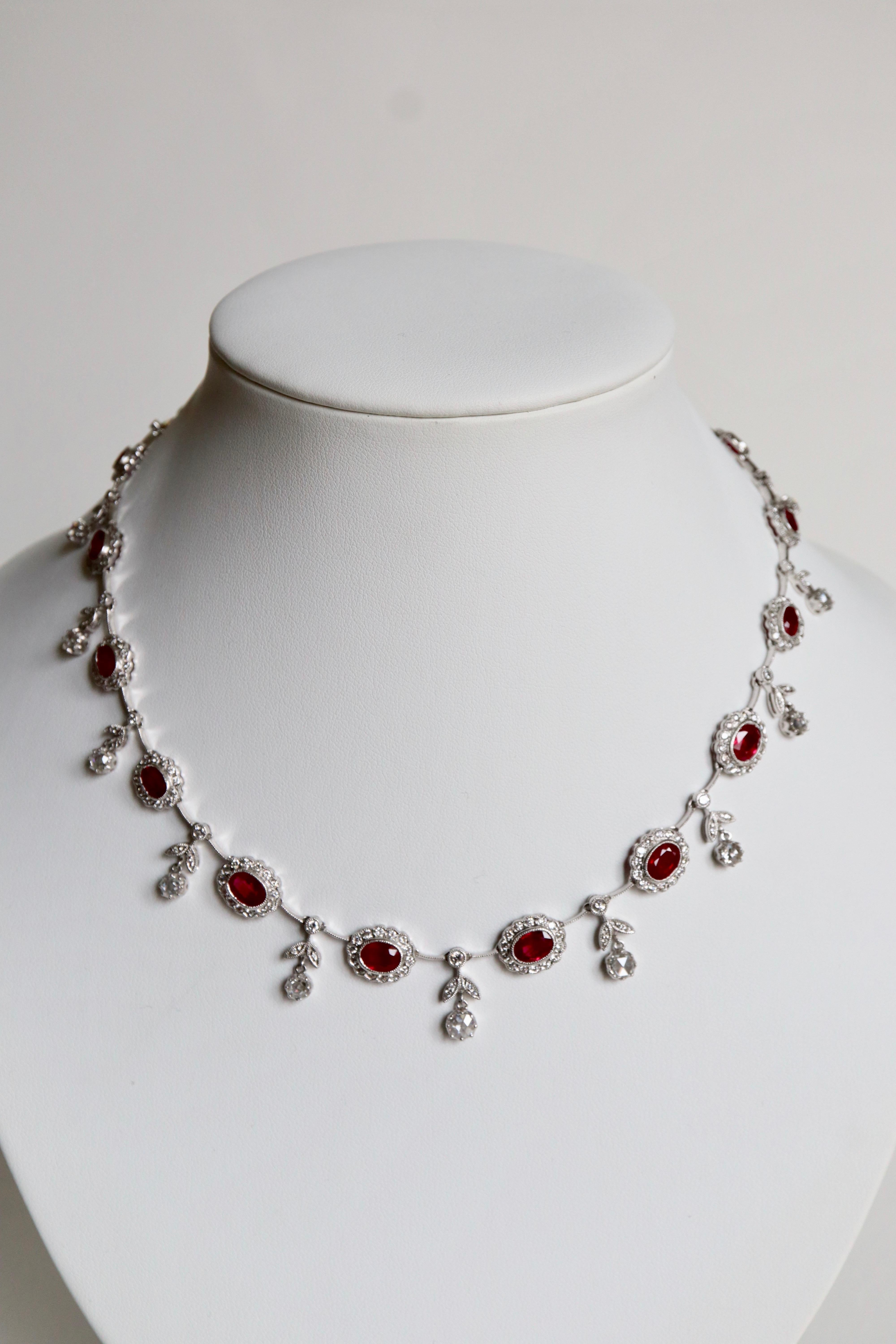 Brilliant Cut Louis XVI Style Necklace in 18 Carat White Gold Rubies and Diamonds For Sale