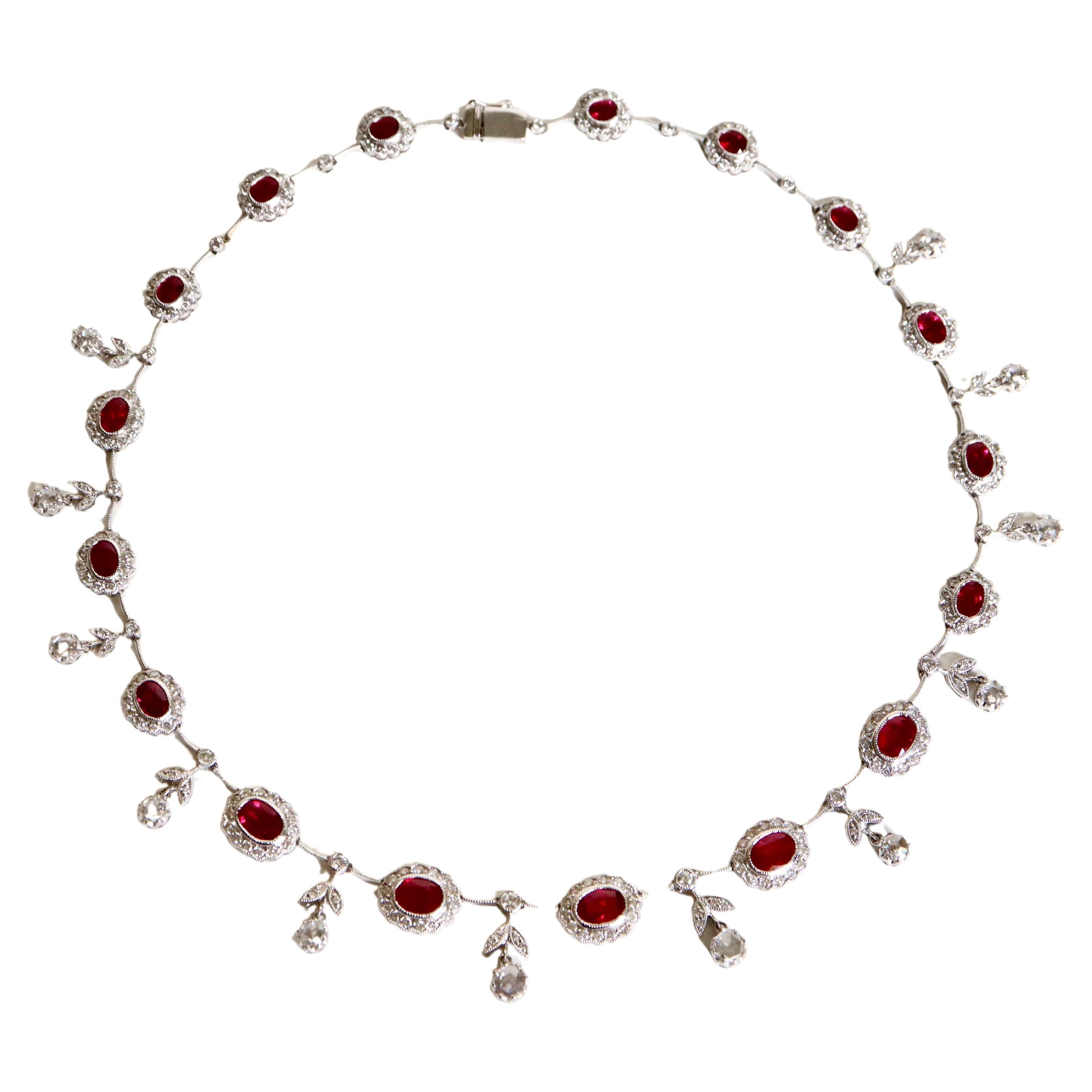 Louis XVI Style Necklace in 18 Carat White Gold Rubies and Diamonds For Sale