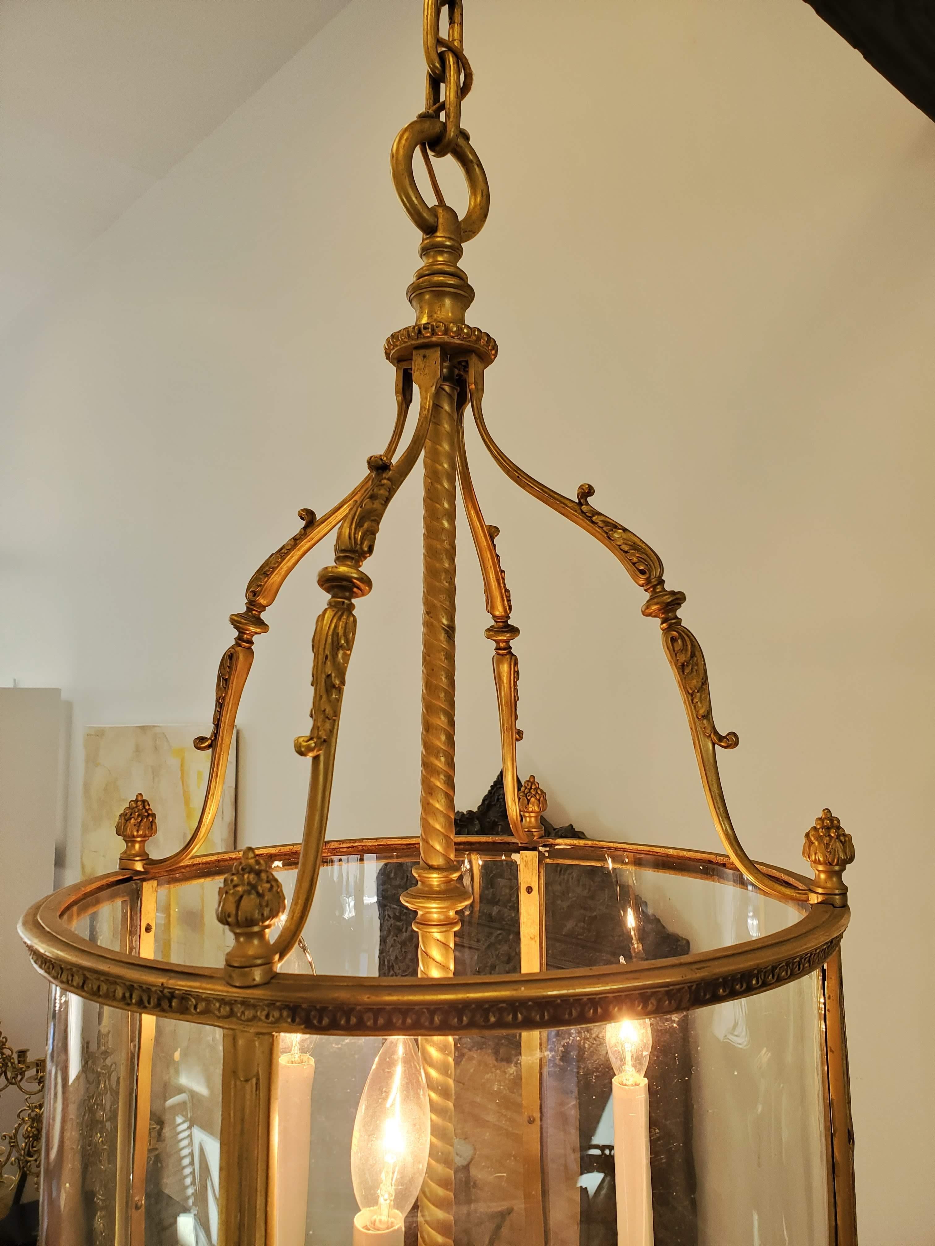 French Louis XVI Style Neoclassical Gilded Bronze Glass Lantern