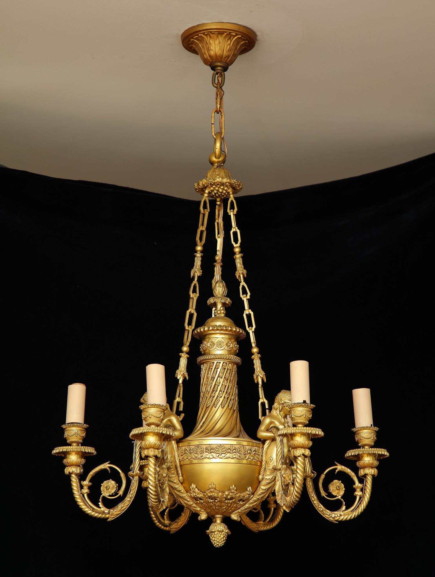 A magnificent antique French Louis XVI style ormolu 6-light figural chandelier of exquisite craftsmanship embellished with neoclassical figures of ladies with arms holding candles, by Alfred Beurdeley, after a model by Francois Remond (late