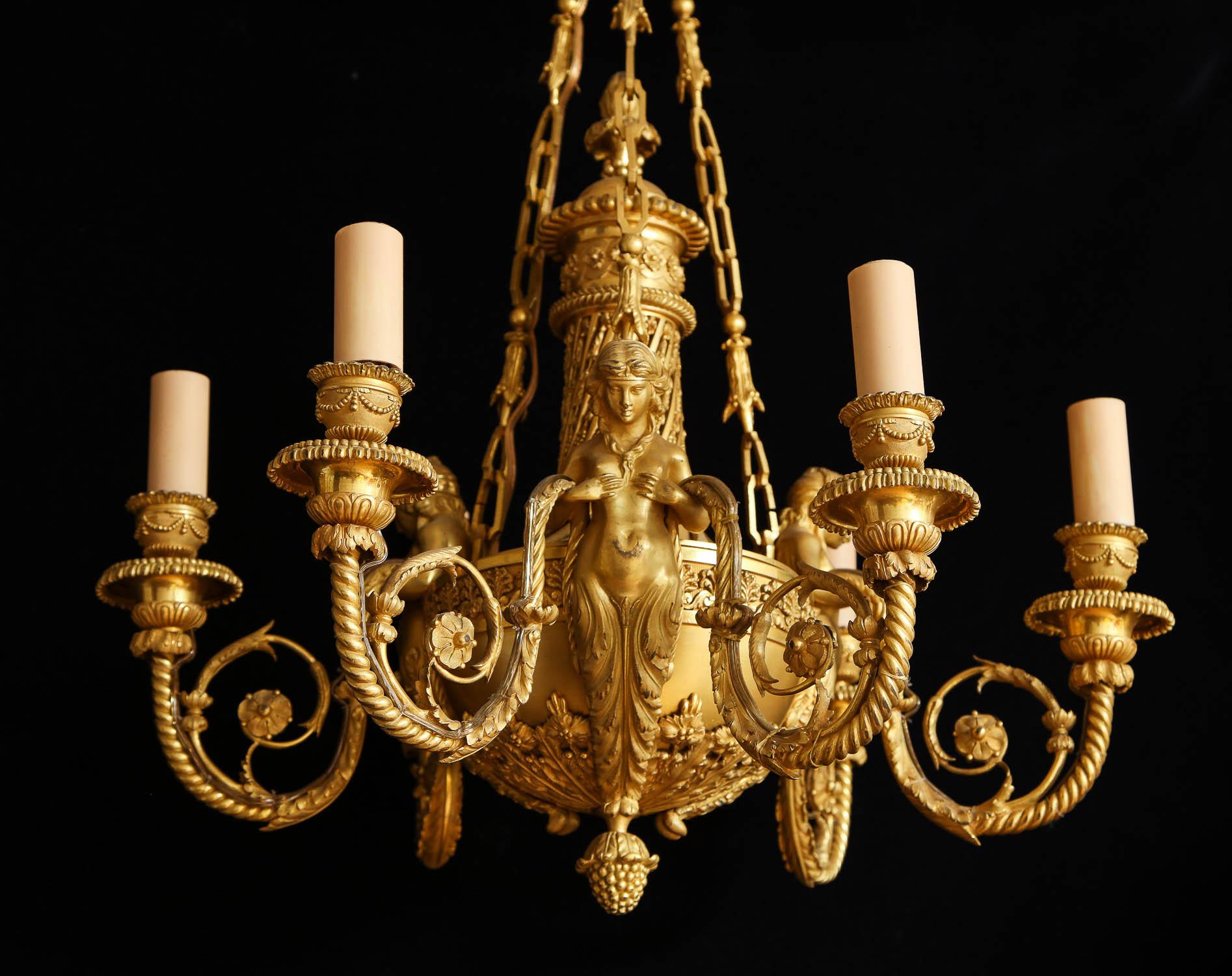 Bronze Lustre à 6 lumières de style néoclassique Louis XVI en bronze doré par Alfred Beurdeley en vente