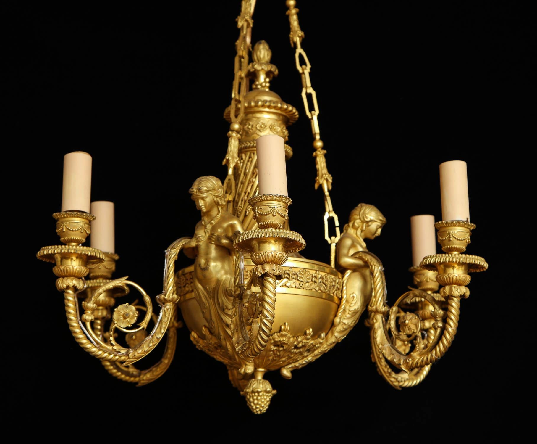Lustre à 6 lumières de style néoclassique Louis XVI en bronze doré par Alfred Beurdeley en vente 2
