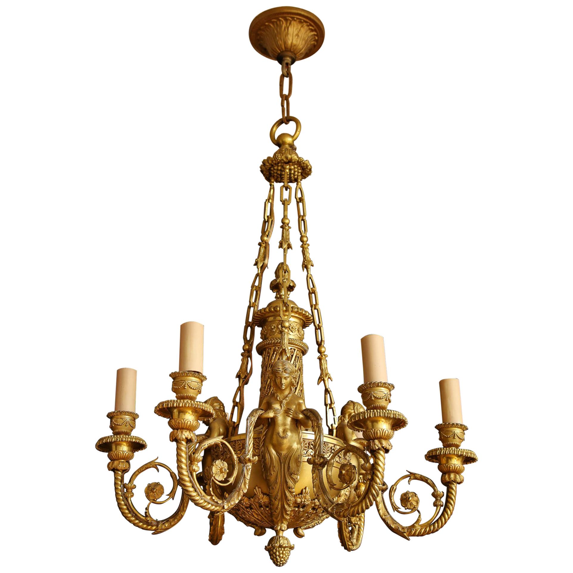 Lustre à 6 lumières de style néoclassique Louis XVI en bronze doré par Alfred Beurdeley en vente