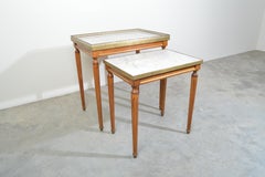Louis XVI Style Nesting Tables in Mahogany & Carrara Marble with Brass Gallery