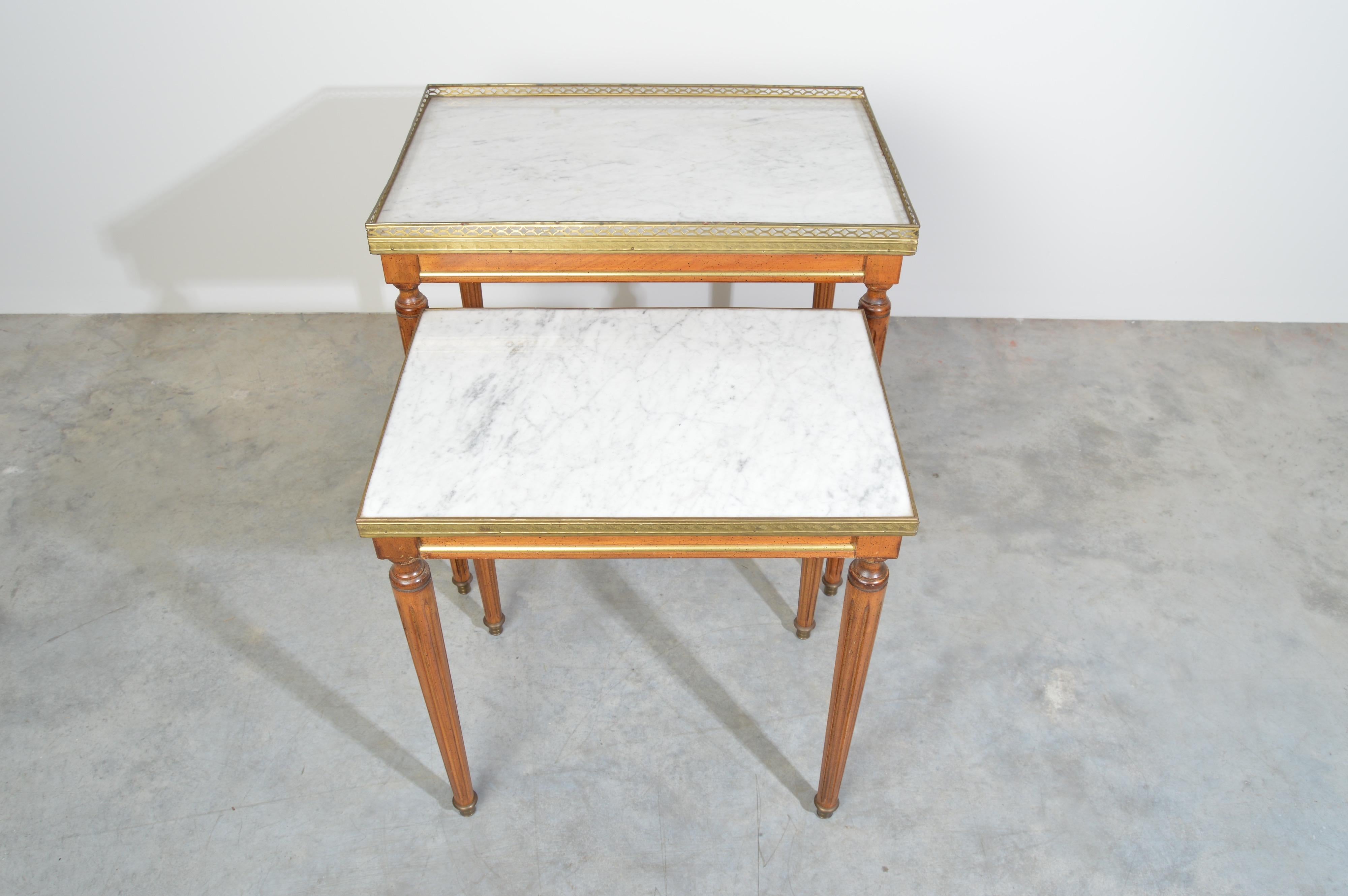 American Louis XVI Style Nesting Tables in Mahogany & Carrara Marble with Brass Gallery