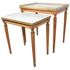 Louis XVI Style Nesting Tables in Mahogany & Carrara Marble with Brass Gallery