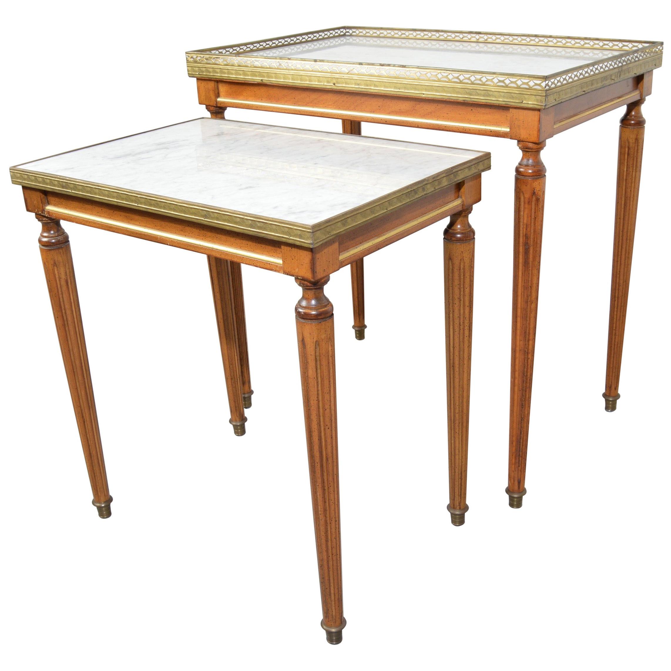 Louis XVI Style Nesting Tables in Mahogany & Carrara Marble with Brass Gallery