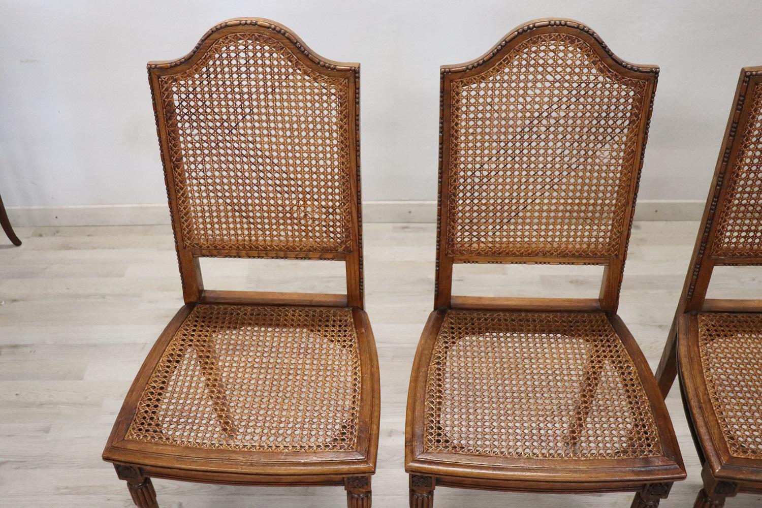 Italian Louis XVI Style Oak Wood and Wien Straw Chairs, Set of 6