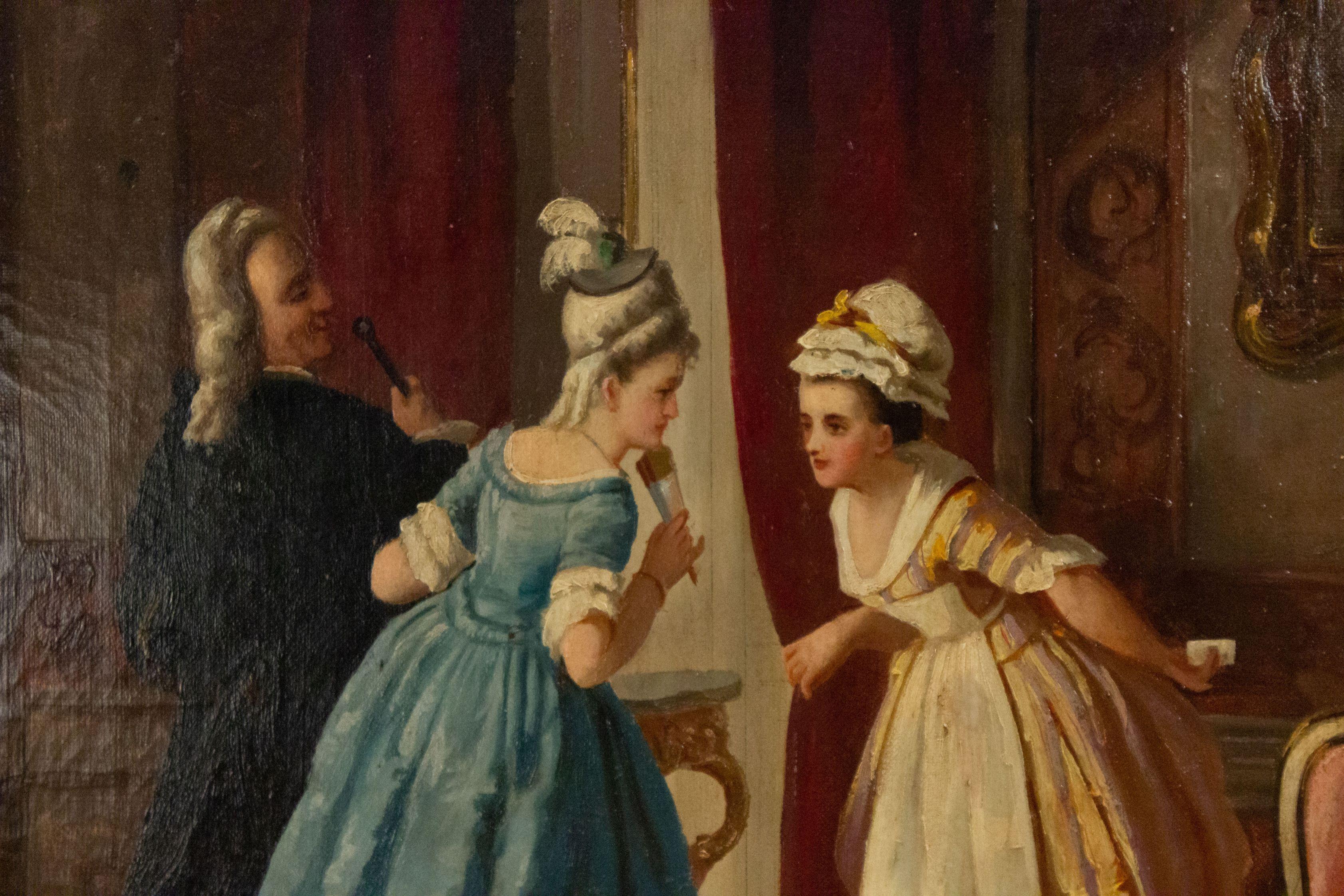 French Louis XVI style (20th Cent) gilt framed oil painting of 18th Century man with 2 ladies in interior (signed).
 