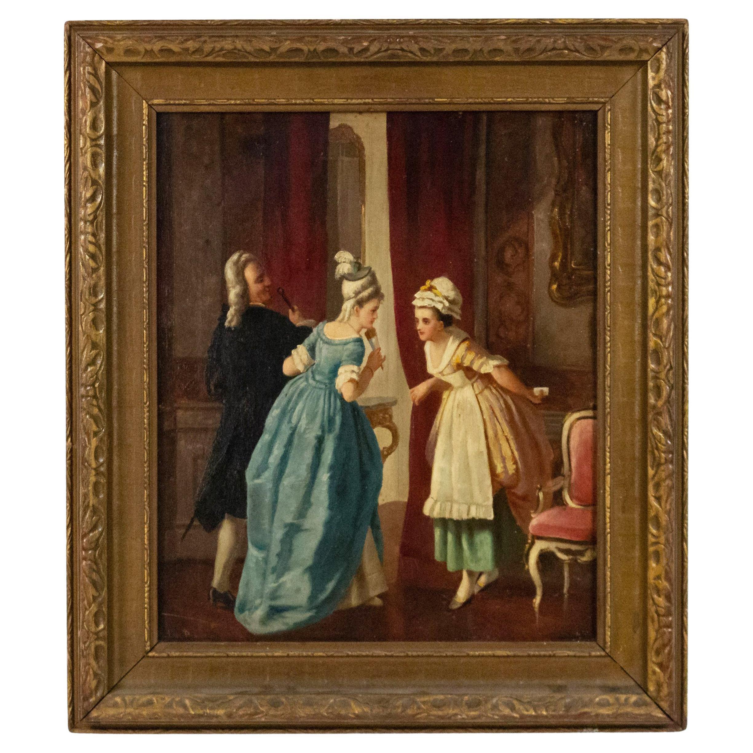Peinture à l'huile de style Louis XVI représentant une scène domestique d'intérieur