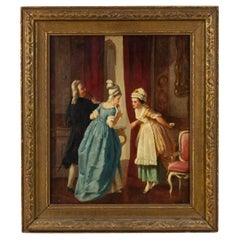 Peinture à l'huile de style Louis XVI représentant une scène domestique d'intérieur