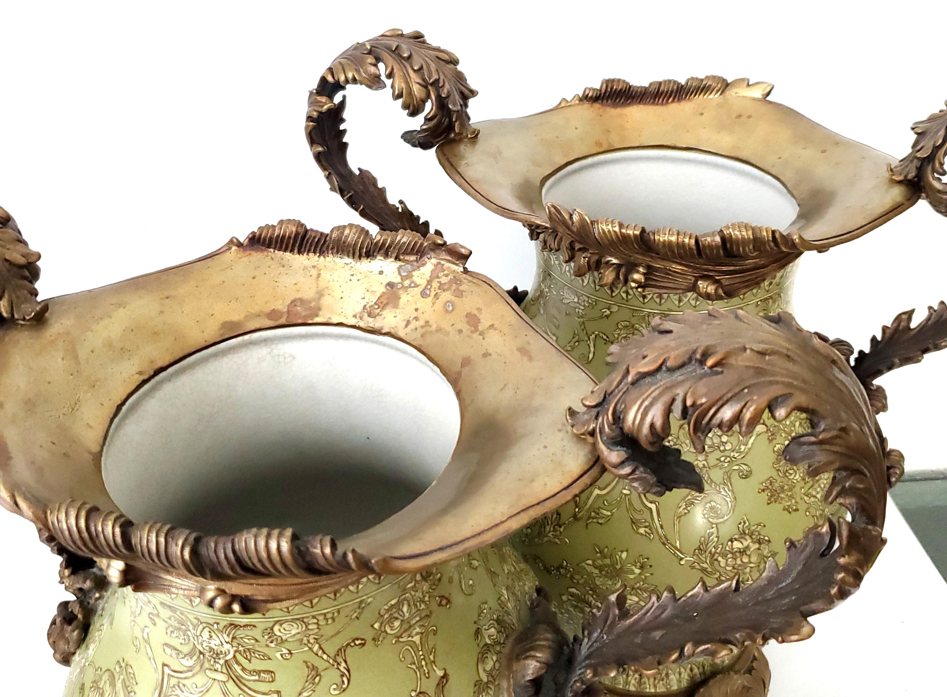 Louis XVI Style Ormolu and Chinese Porcelain Sage Green Urns or Vases - A Pair   For Sale 4