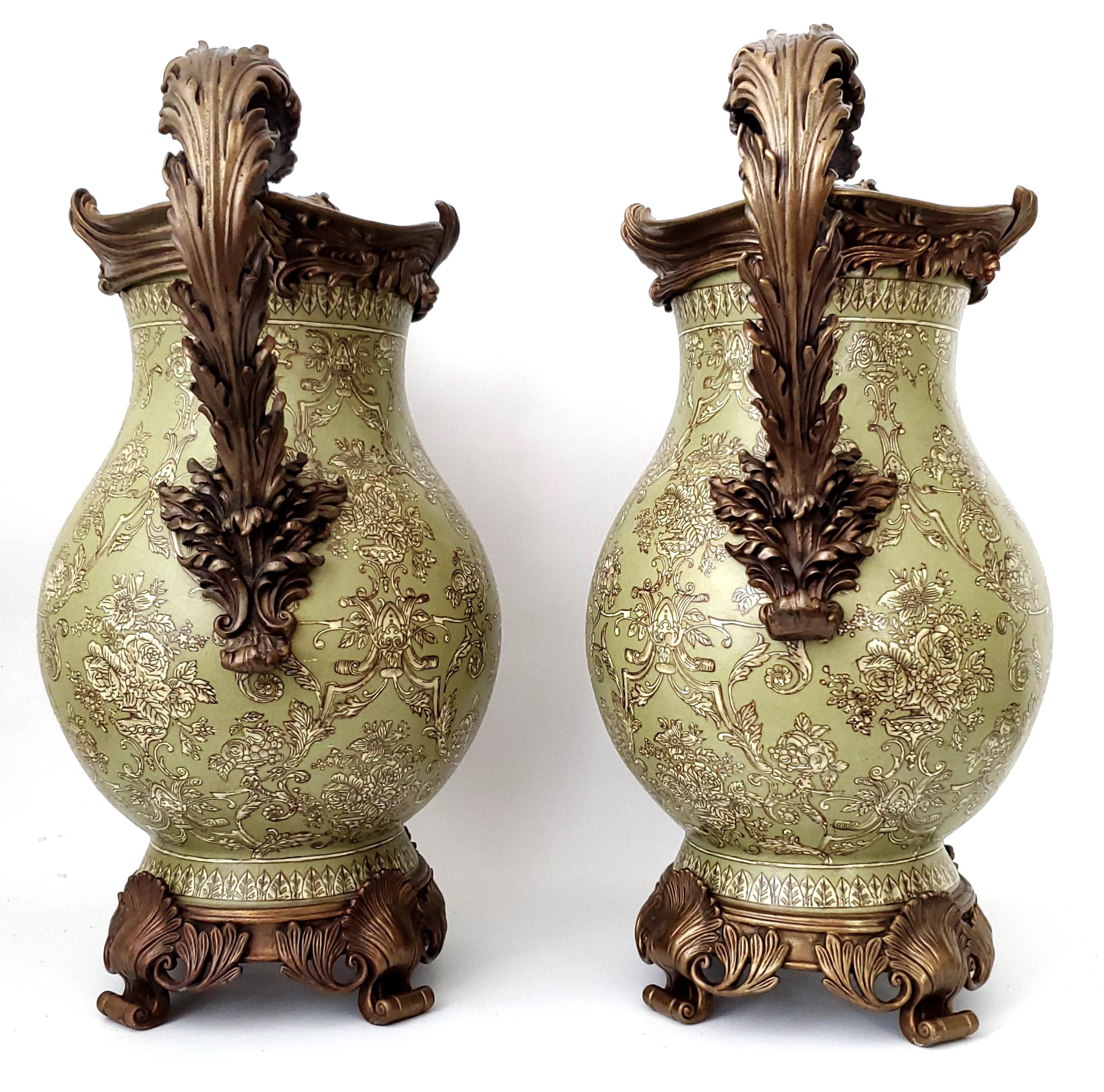 Louis XVI Style Ormolu and Chinese Porcelain Sage Green Urns or Vases - A Pair   In Good Condition For Sale In Miami, FL