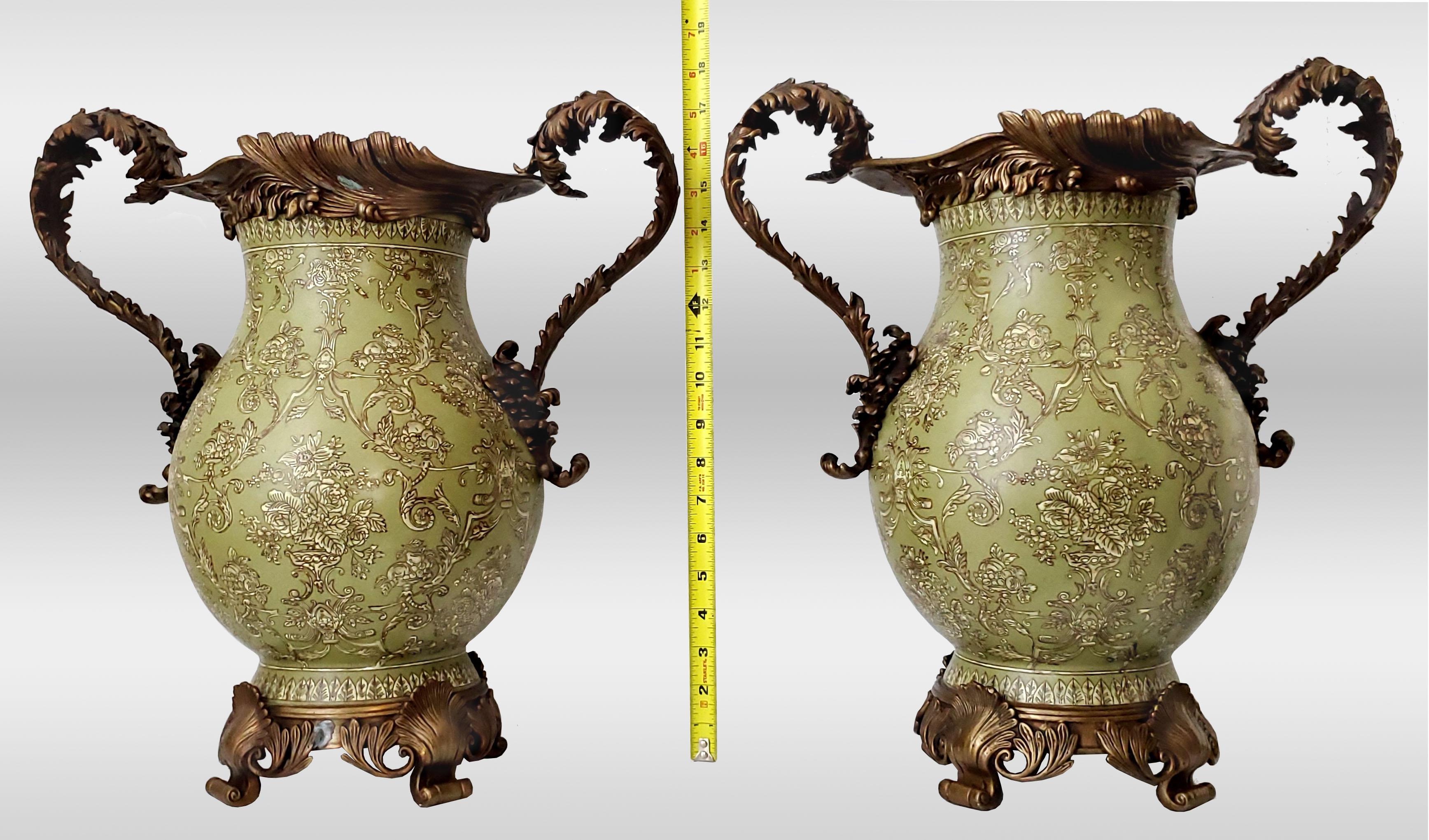 20th Century Louis XVI Style Ormolu and Chinese Porcelain Sage Green Urns or Vases - A Pair   For Sale