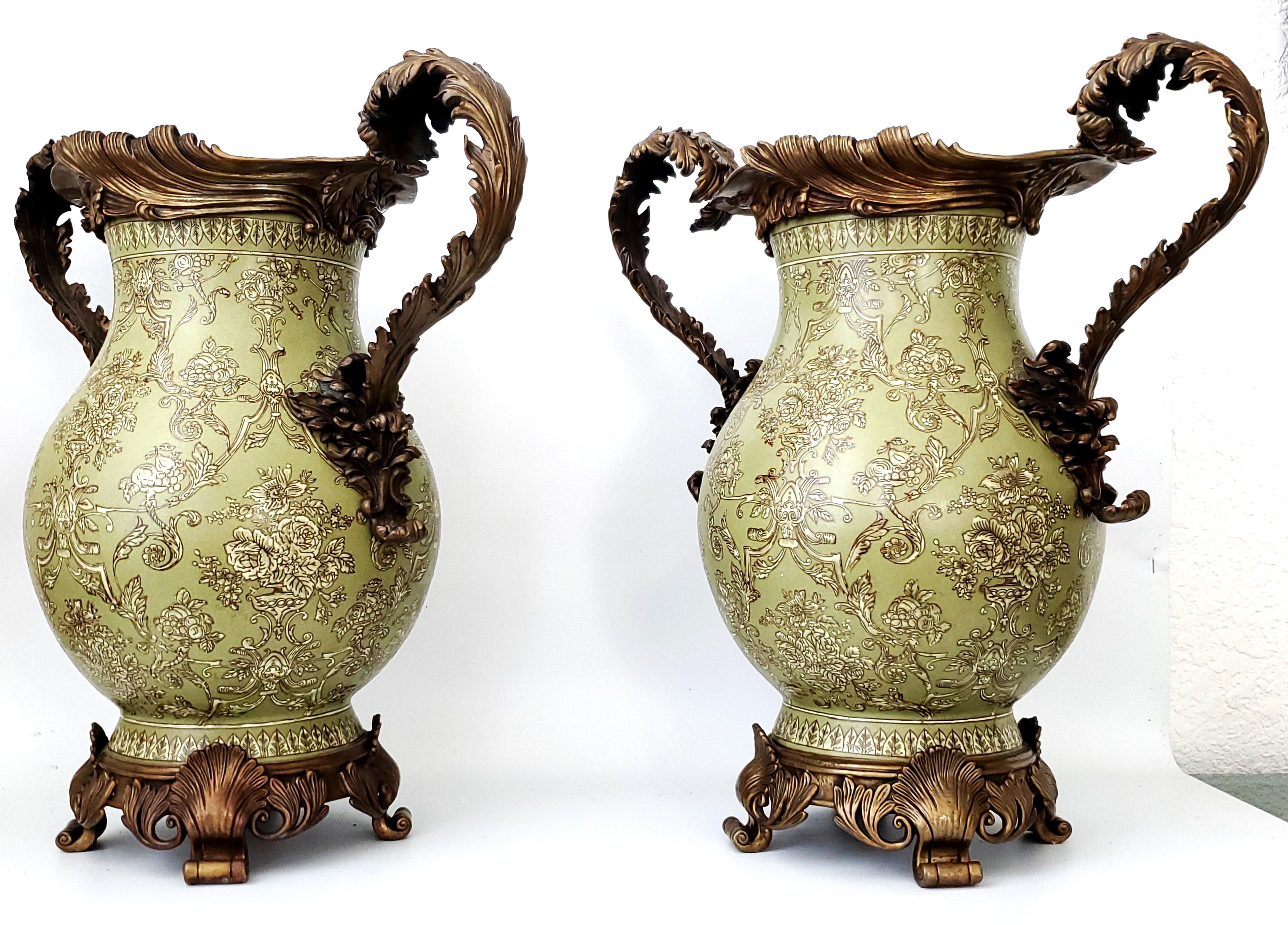 Brass Louis XVI Style Ormolu and Chinese Porcelain Sage Green Urns or Vases - A Pair   For Sale
