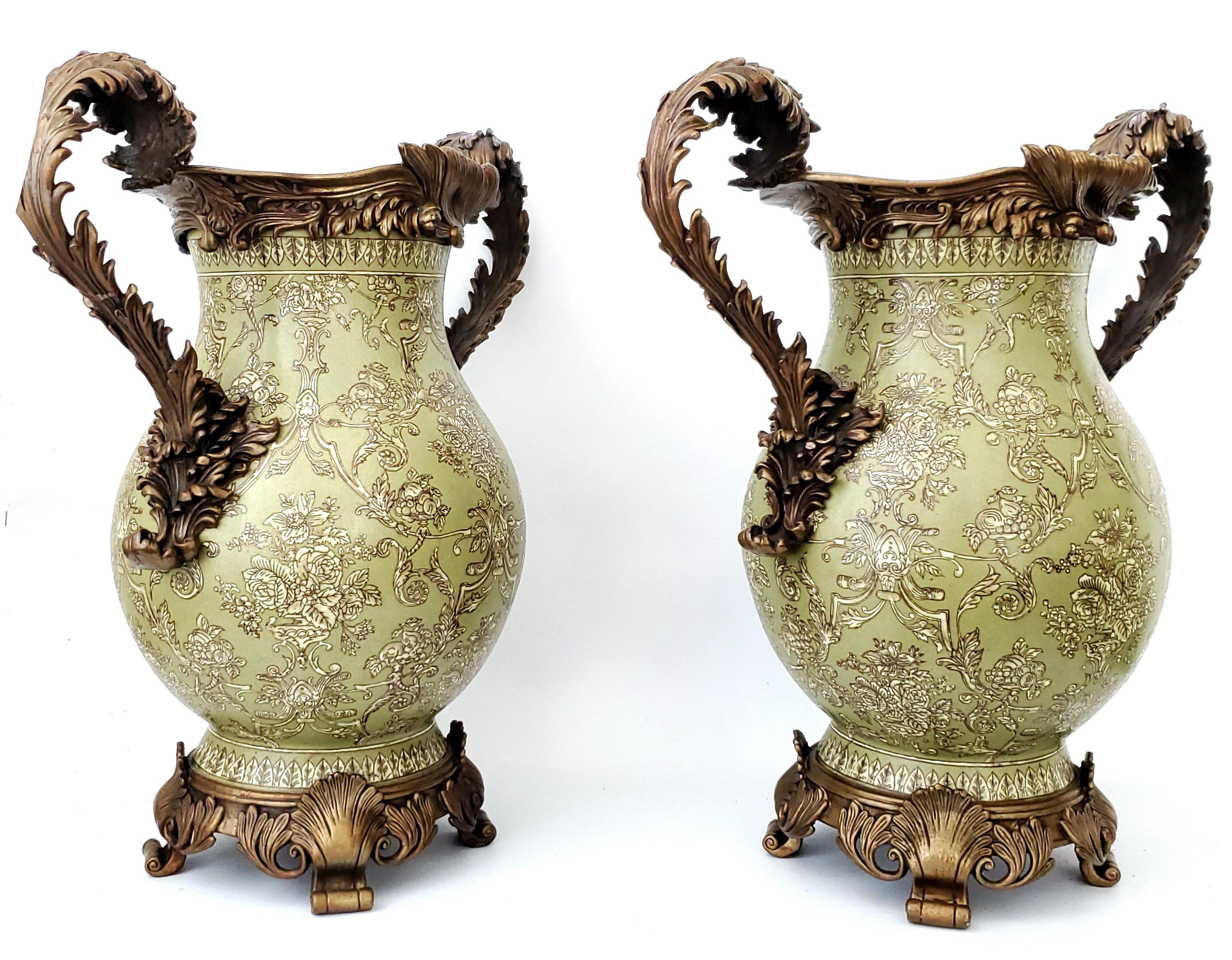 Louis XVI Style Ormolu and Chinese Porcelain Sage Green Urns or Vases - A Pair   For Sale 1