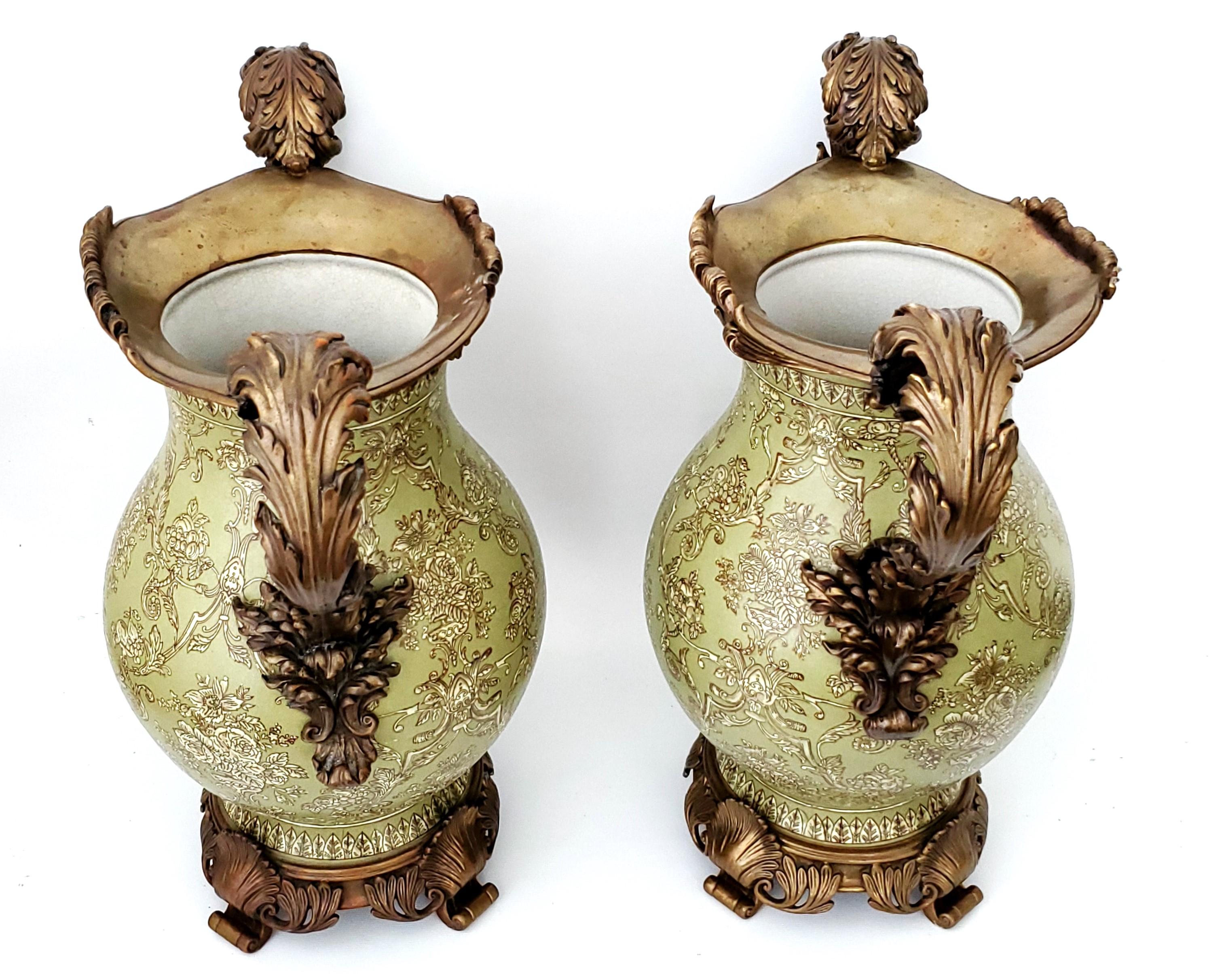 Louis XVI Style Ormolu and Chinese Porcelain Sage Green Urns or Vases - A Pair   For Sale 3