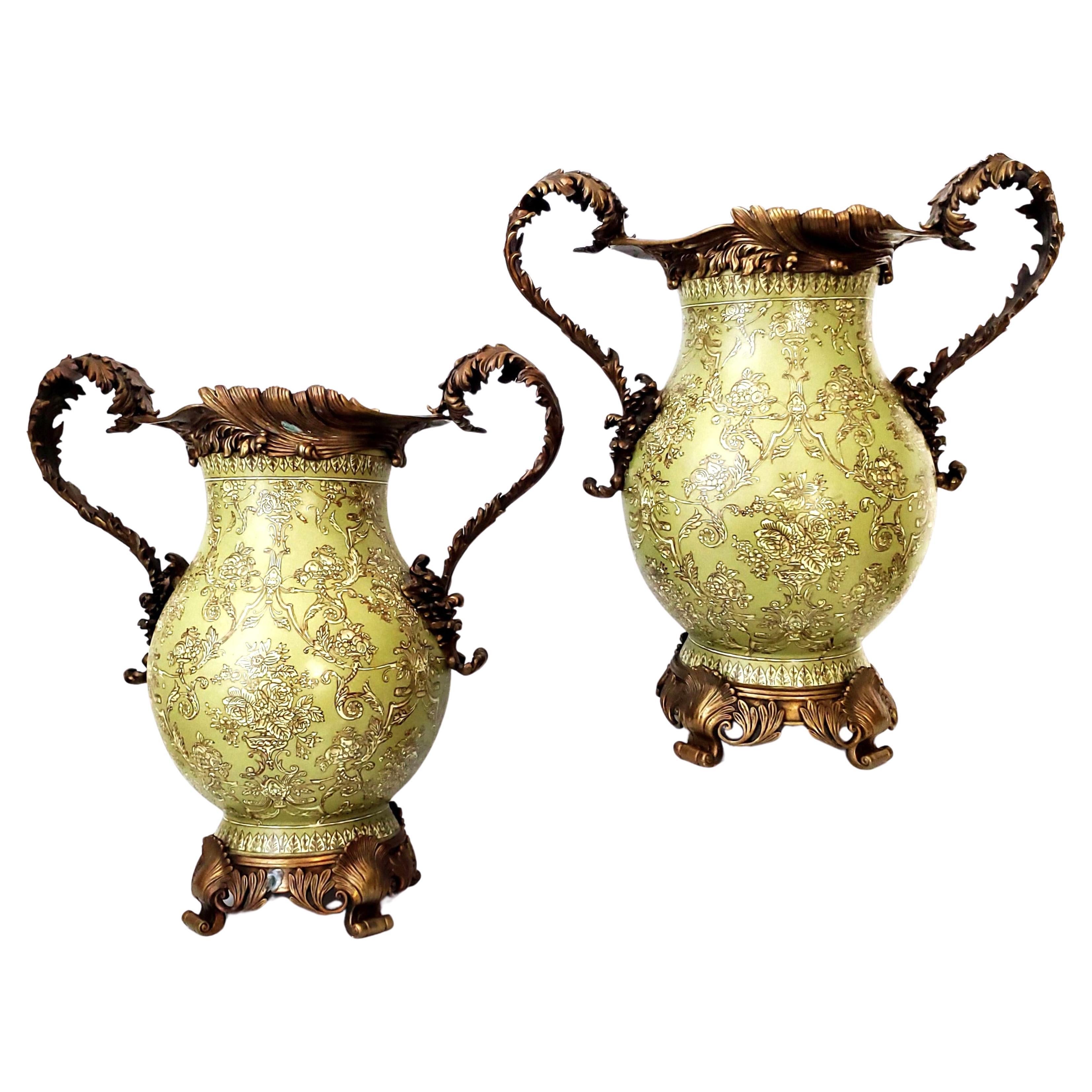 Louis XVI Style Ormolu and Chinese Porcelain Sage Green Urns or Vases - A Pair   For Sale