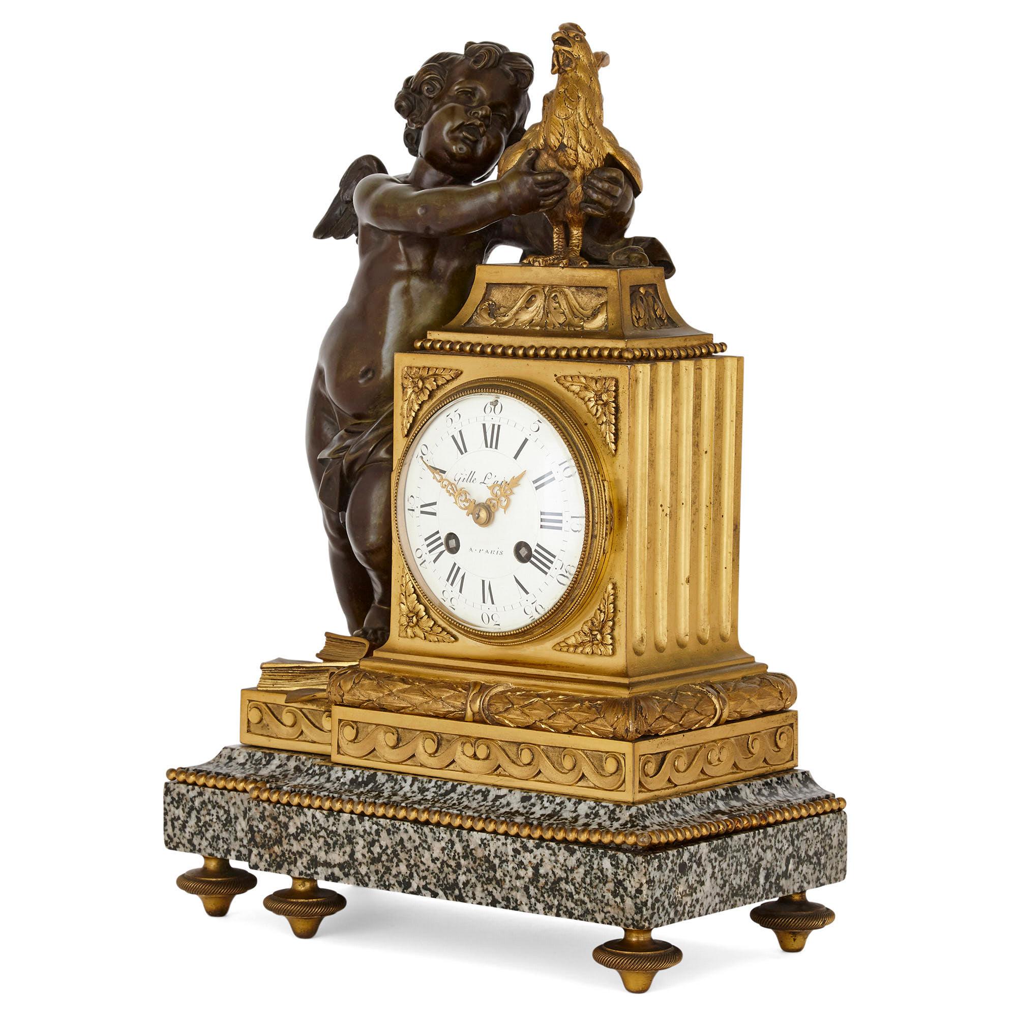 This neoclassical style French mantel clock is crafted from patinated and gilt bronze in addition to flecked black and grey marble. The clock body is formed from a lopsidedly mounted gilt bronze clock drum, which is rectangular in shape. The gilt