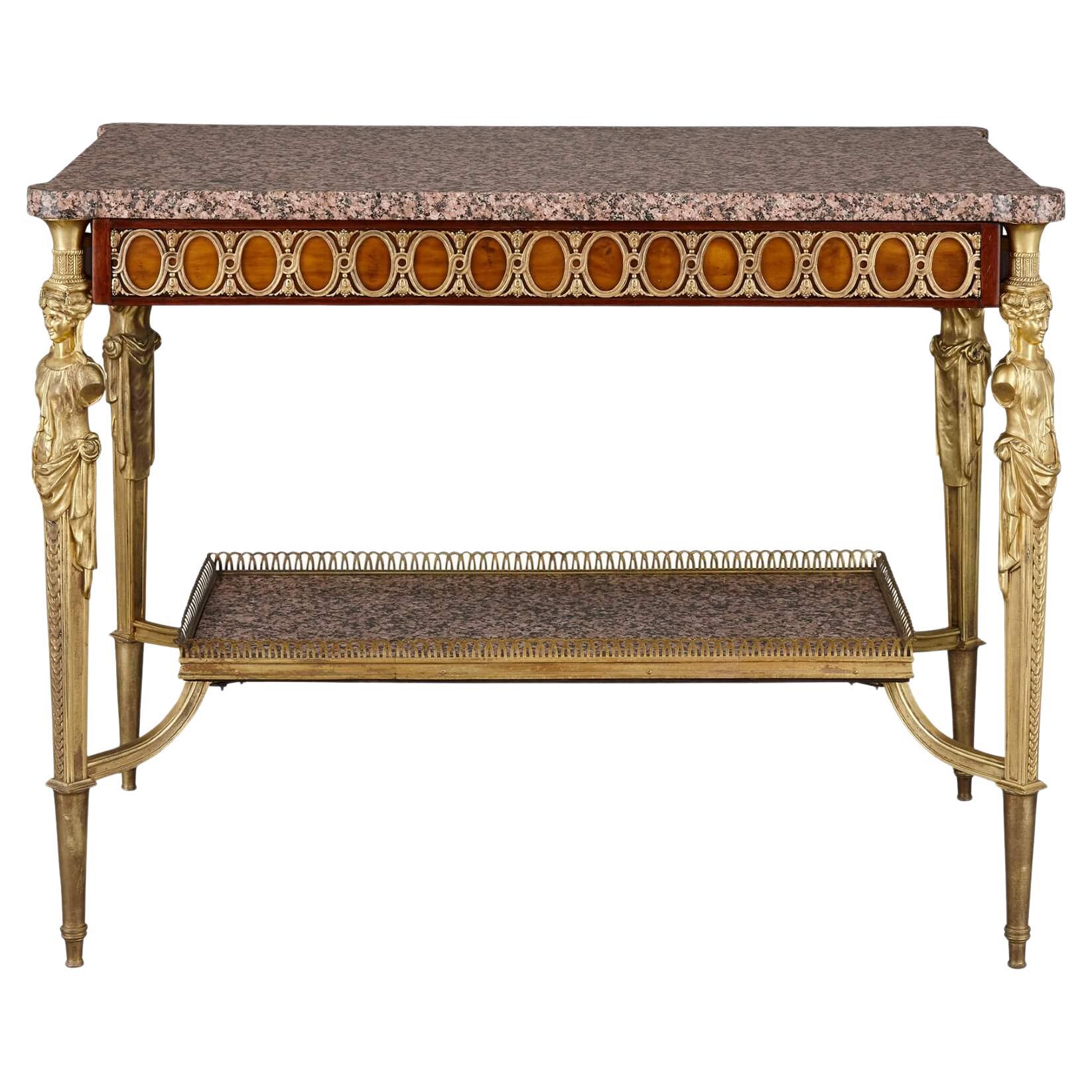 Beistelltisch aus Marmor, Mahagoni und Goldbronze im Louis-XVI-Stil