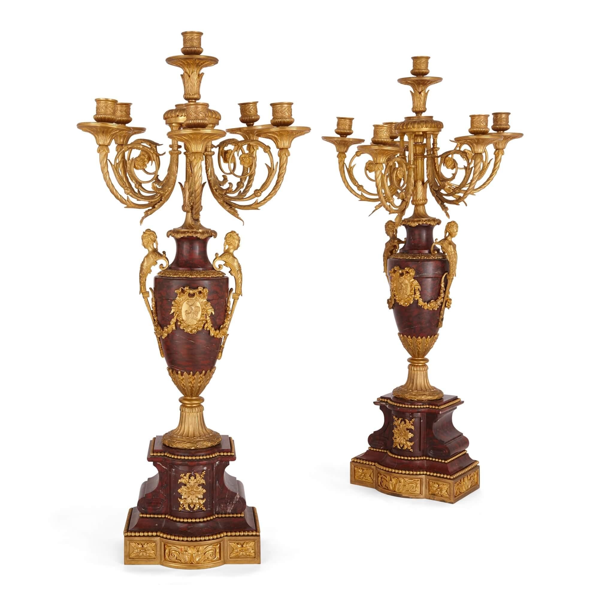 Louis XVI Style Ormolu and Rouge Griotte Marble Clock Set For Sale 5