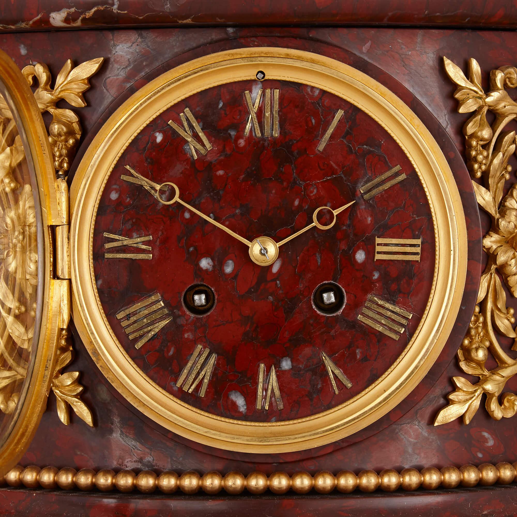 Louis XVI Style Ormolu and Rouge Griotte Marble Clock Set In Good Condition For Sale In London, GB