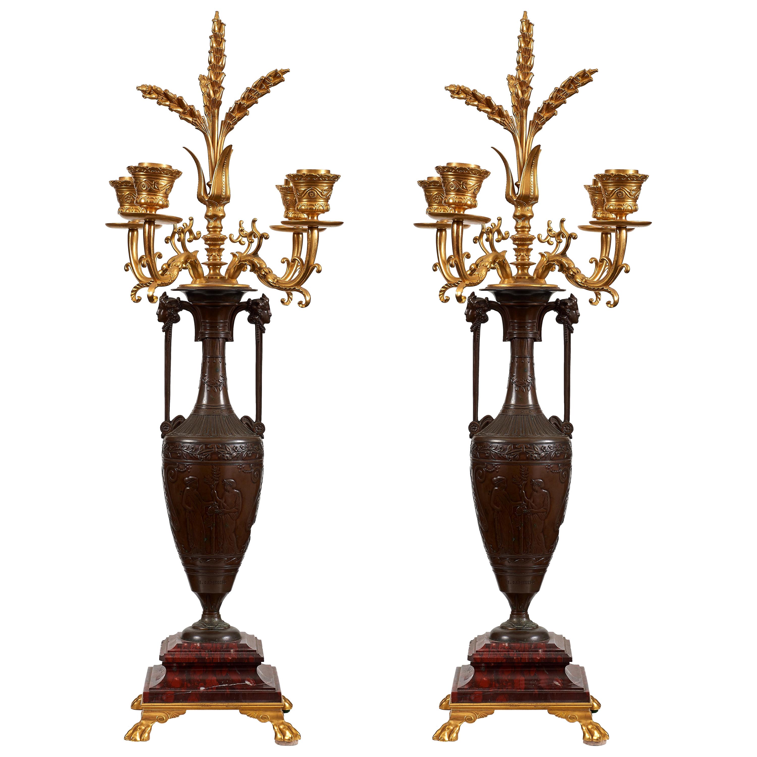 Louis XVI Style Ormolu and Rouge Griotte Marble Four-Light C For Sale