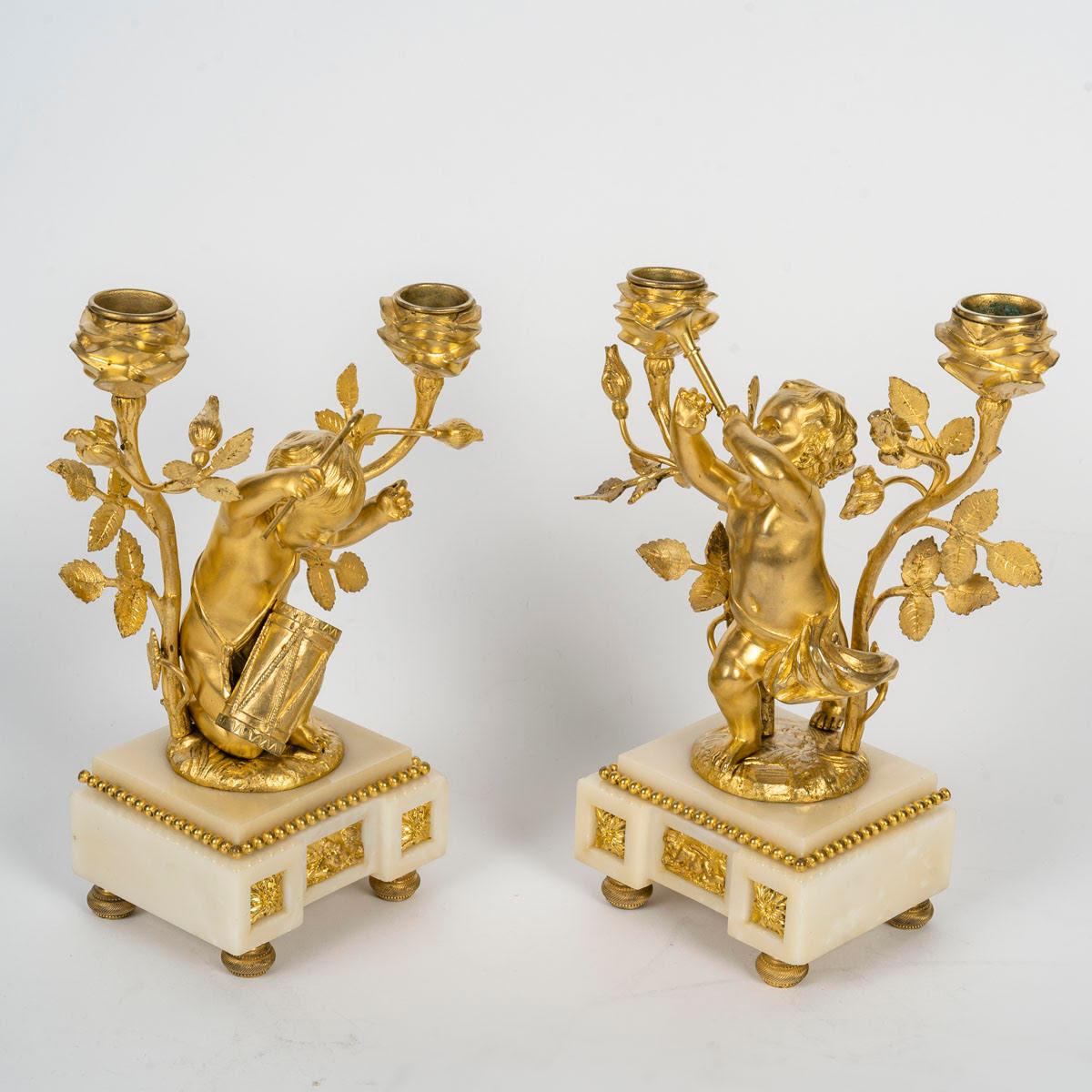 Louis XVI Style Ormolu and White Marble Mantel Set, 19th Century. For Sale 4