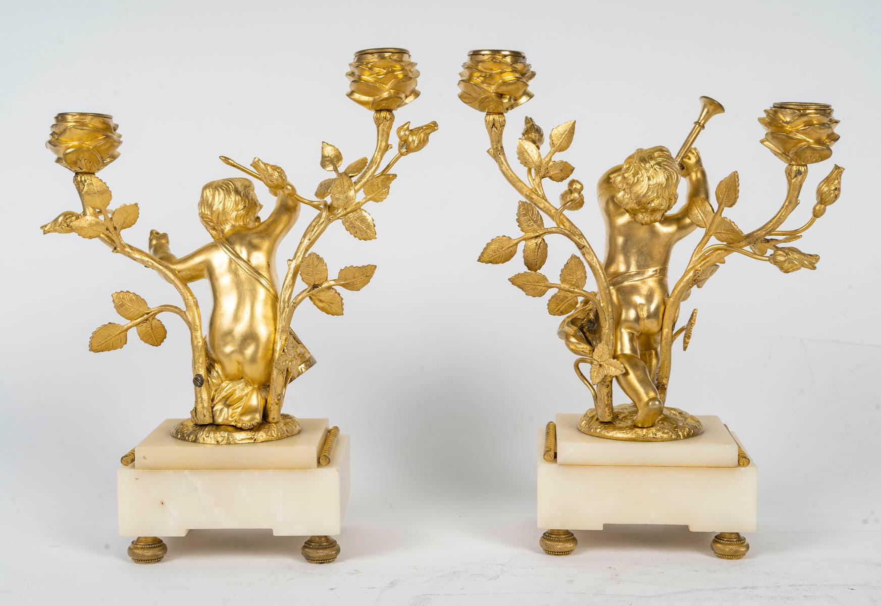Louis XVI Style Ormolu and White Marble Mantel Set, 19th Century. For Sale 5