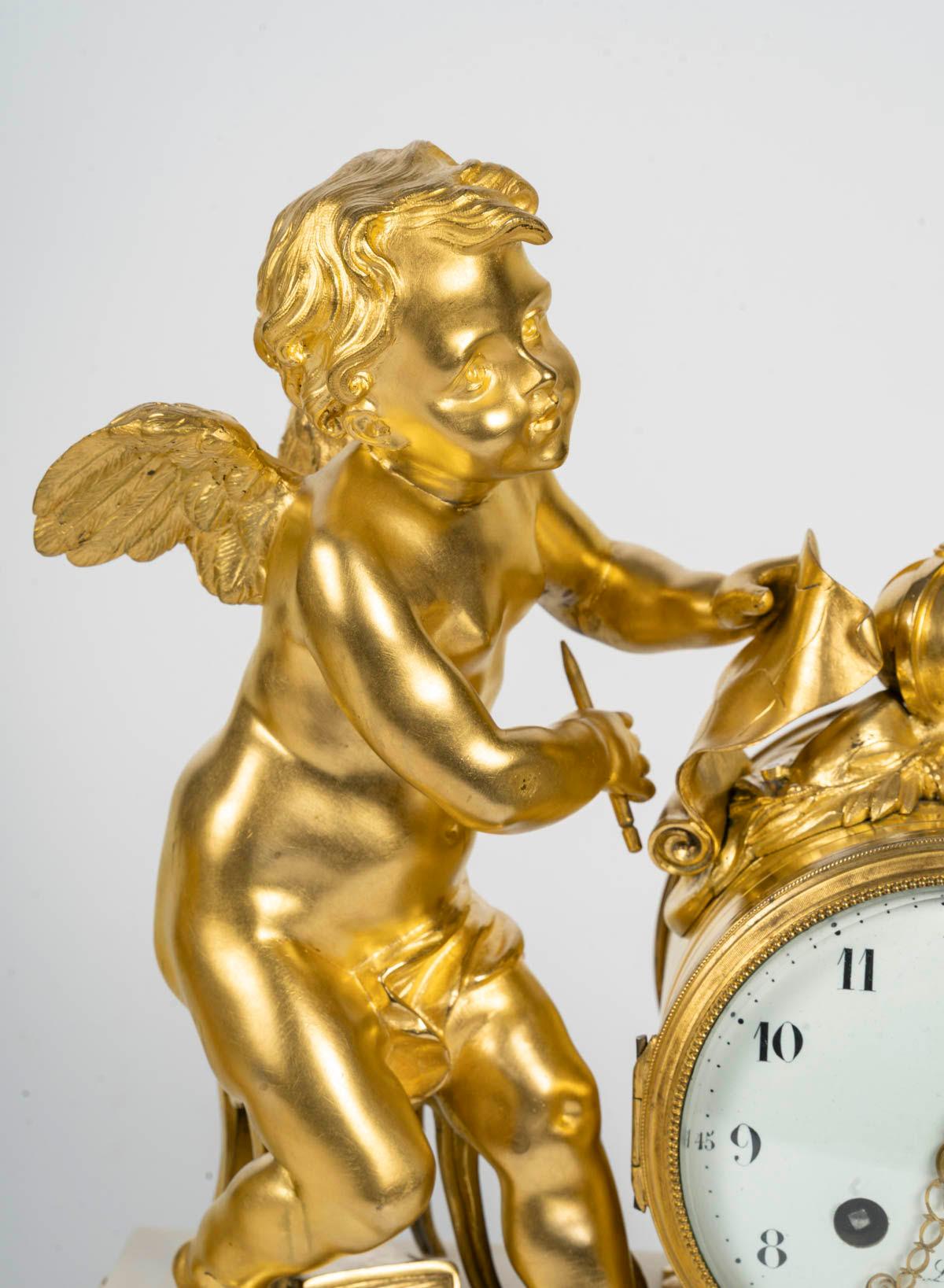 Louis XVI style ormolu and white marble mantel set, 19th century.

Louis XVI style white marble and ormolu mantel set, 19th century.
Clock: H: 35cm, W: 29cm, D: 11,5cm
Candelabra: H: 23.5cm, W: 20cm, D: 11.5cm