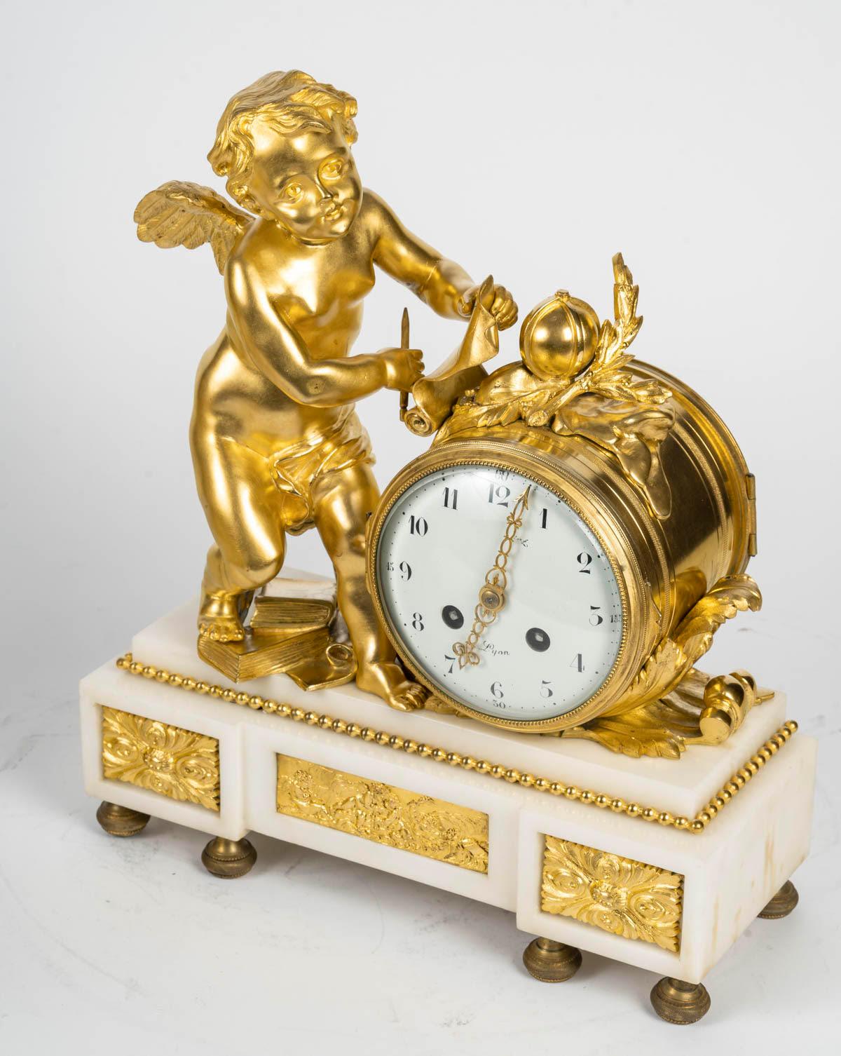 Gilt Louis XVI Style Ormolu and White Marble Mantel Set, 19th Century. For Sale