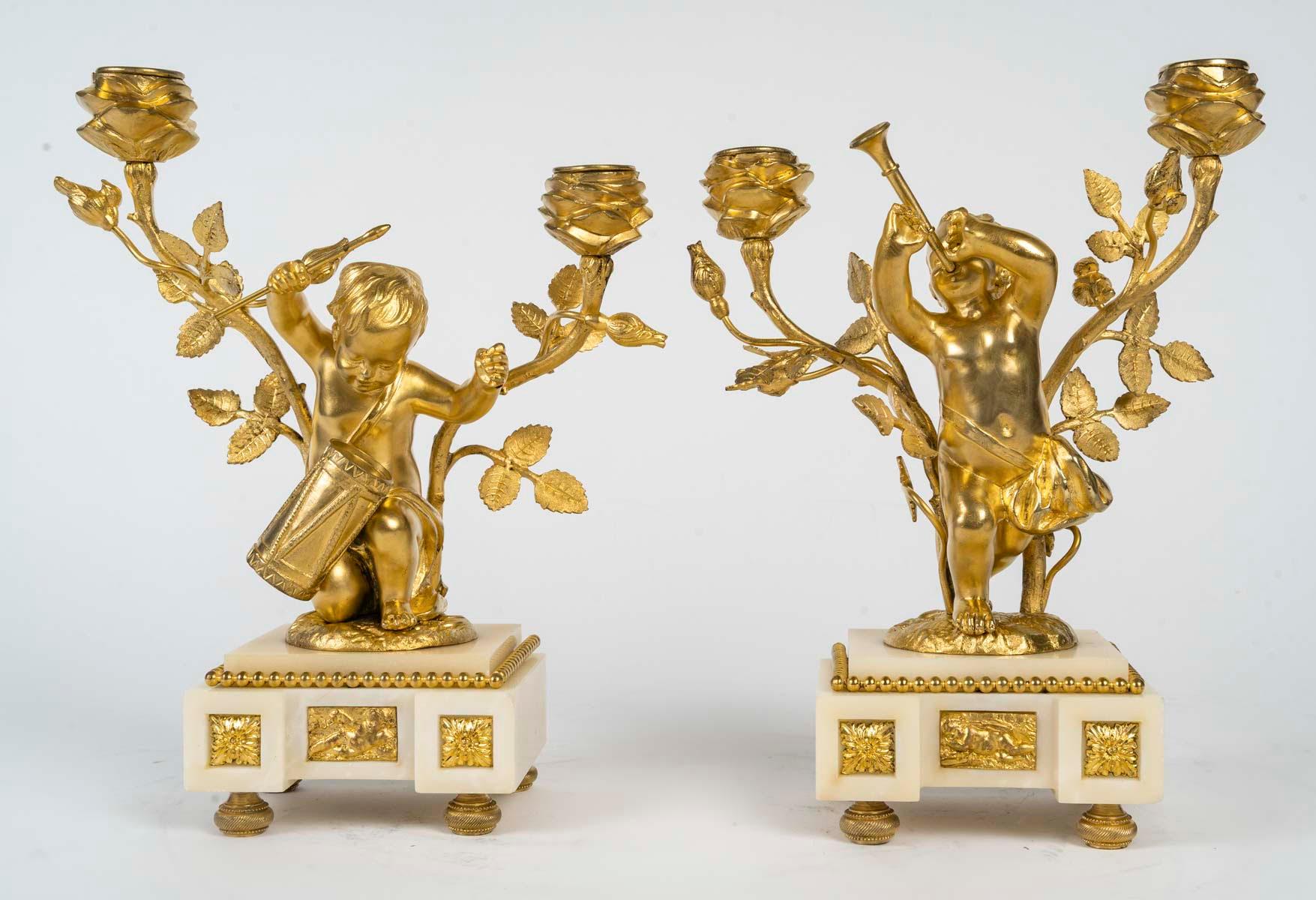 Louis XVI Style Ormolu and White Marble Mantel Set, 19th Century. For Sale 1