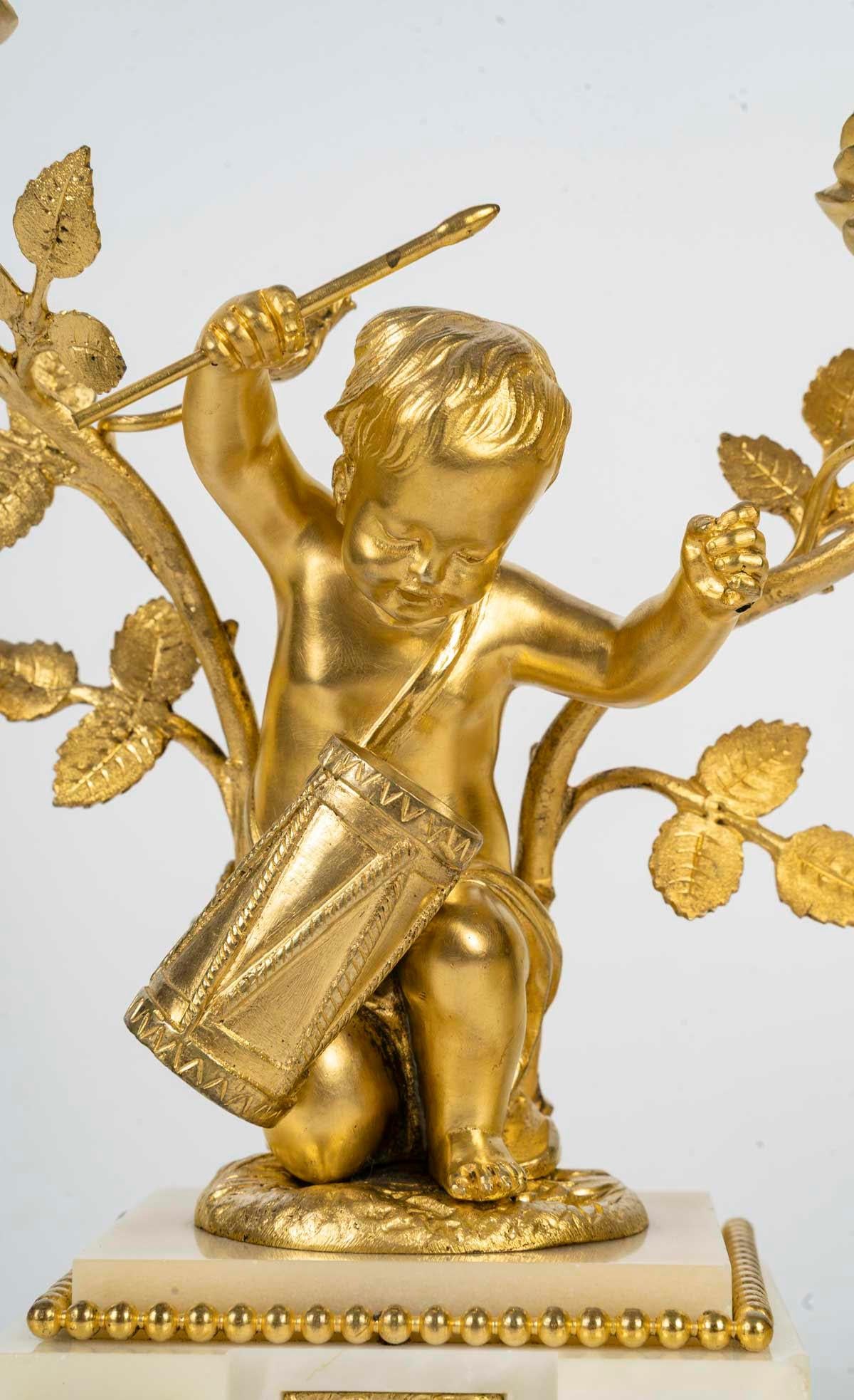 Louis XVI Style Ormolu and White Marble Mantel Set, 19th Century. For Sale 2