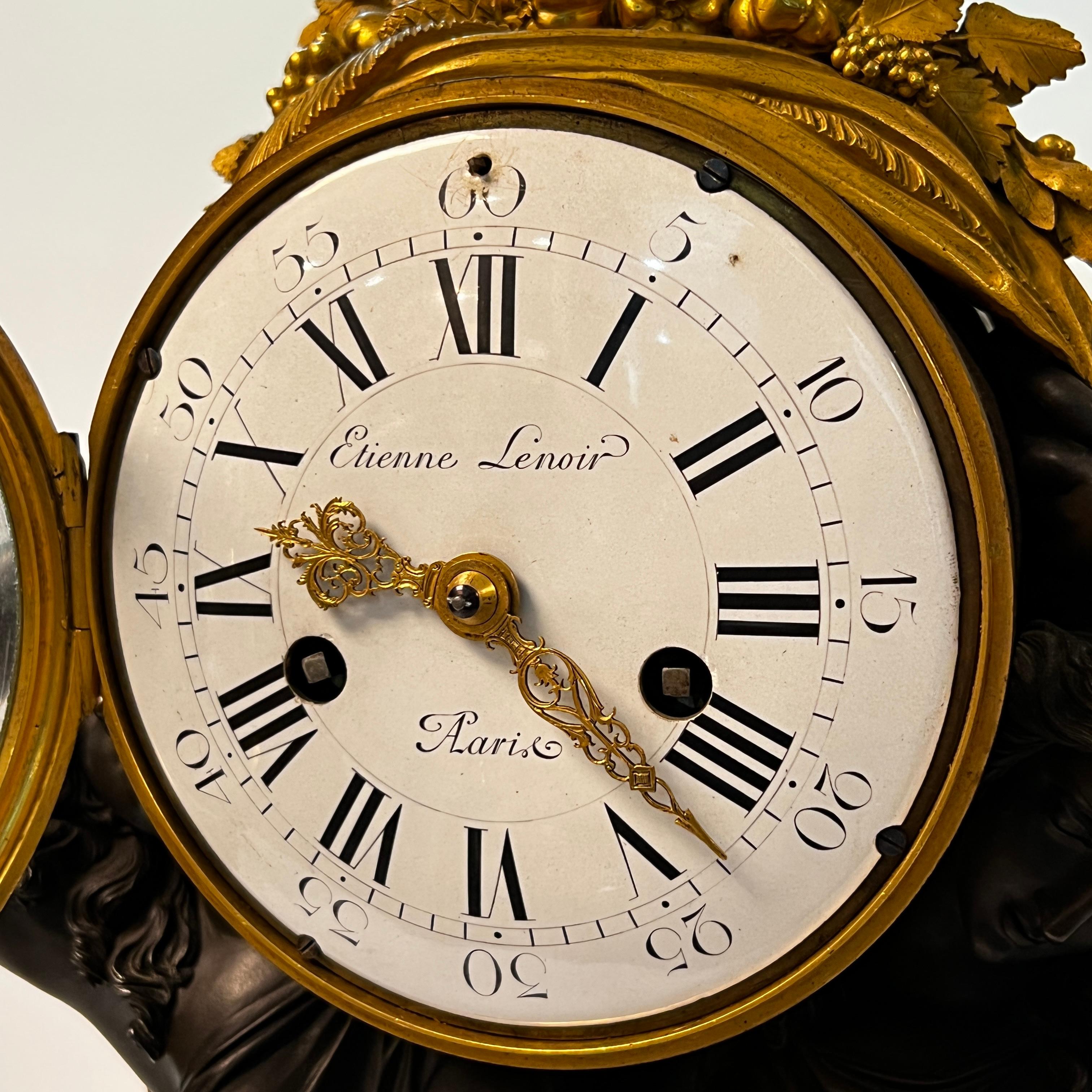 Our Louis XVI style clock in the manner of Louis Simon Boizot (1743-1809) features the patinated figures of neoclassical standing females supporting the clock face, ormolu gilt surfaces and porcelain dial with Roman numerals. With twin train