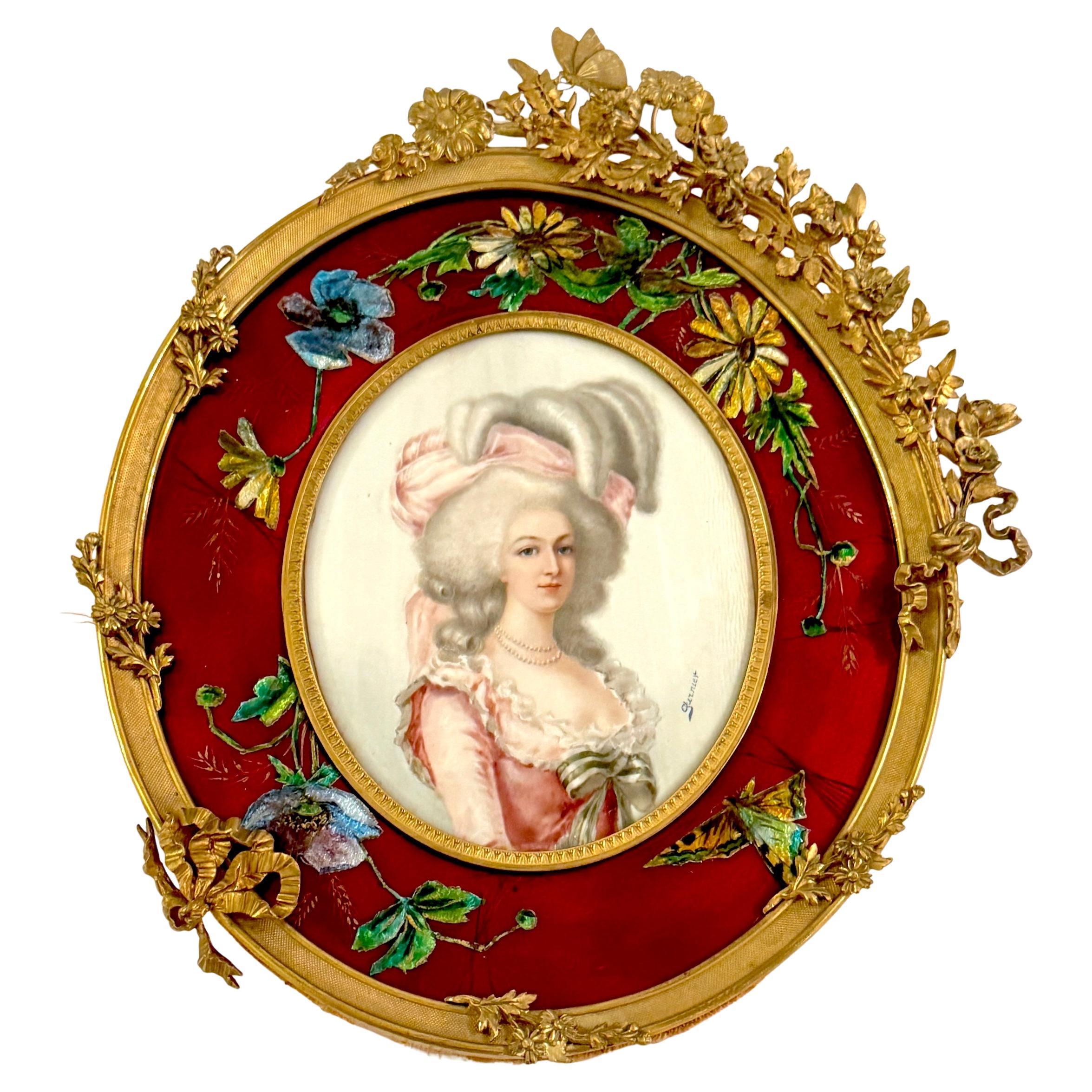 Ritratto di Maria Antonietta in stile Louis XVI in ormolu e smalto, firmato "Garnier".