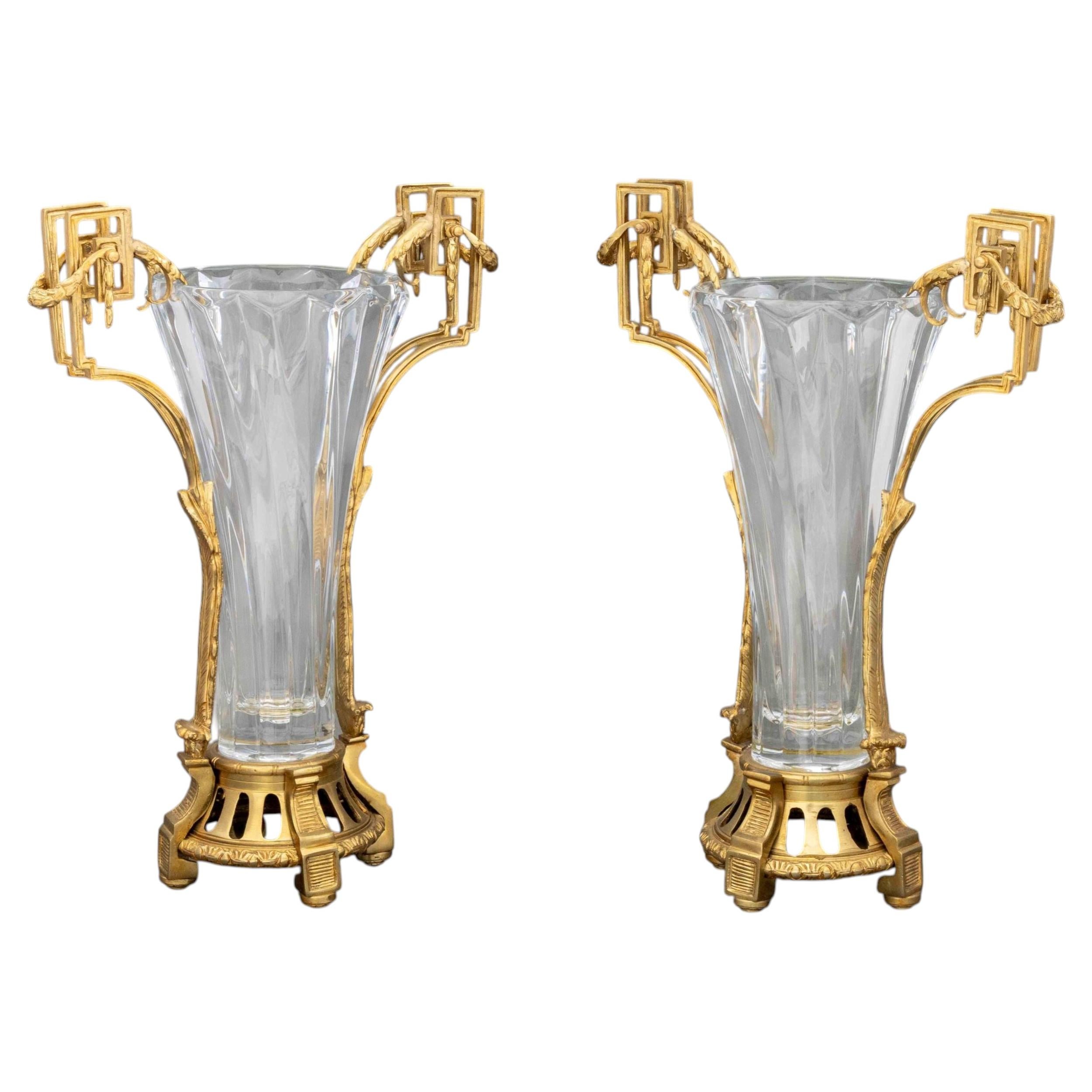 Louis XVI Style Ormolu Mounted Crystal Vases, Pair For Sale