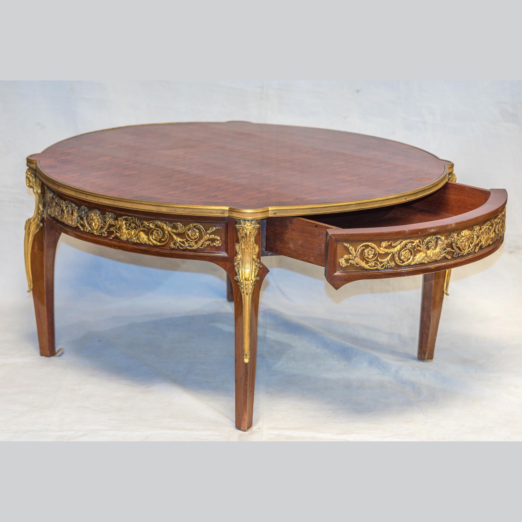 Louis XVI style ormolu-mounted cube parquetry mahogany low round coffee table
Origin: French
Date: 19th century
Dimension: 18 in x 36 1/2 in.