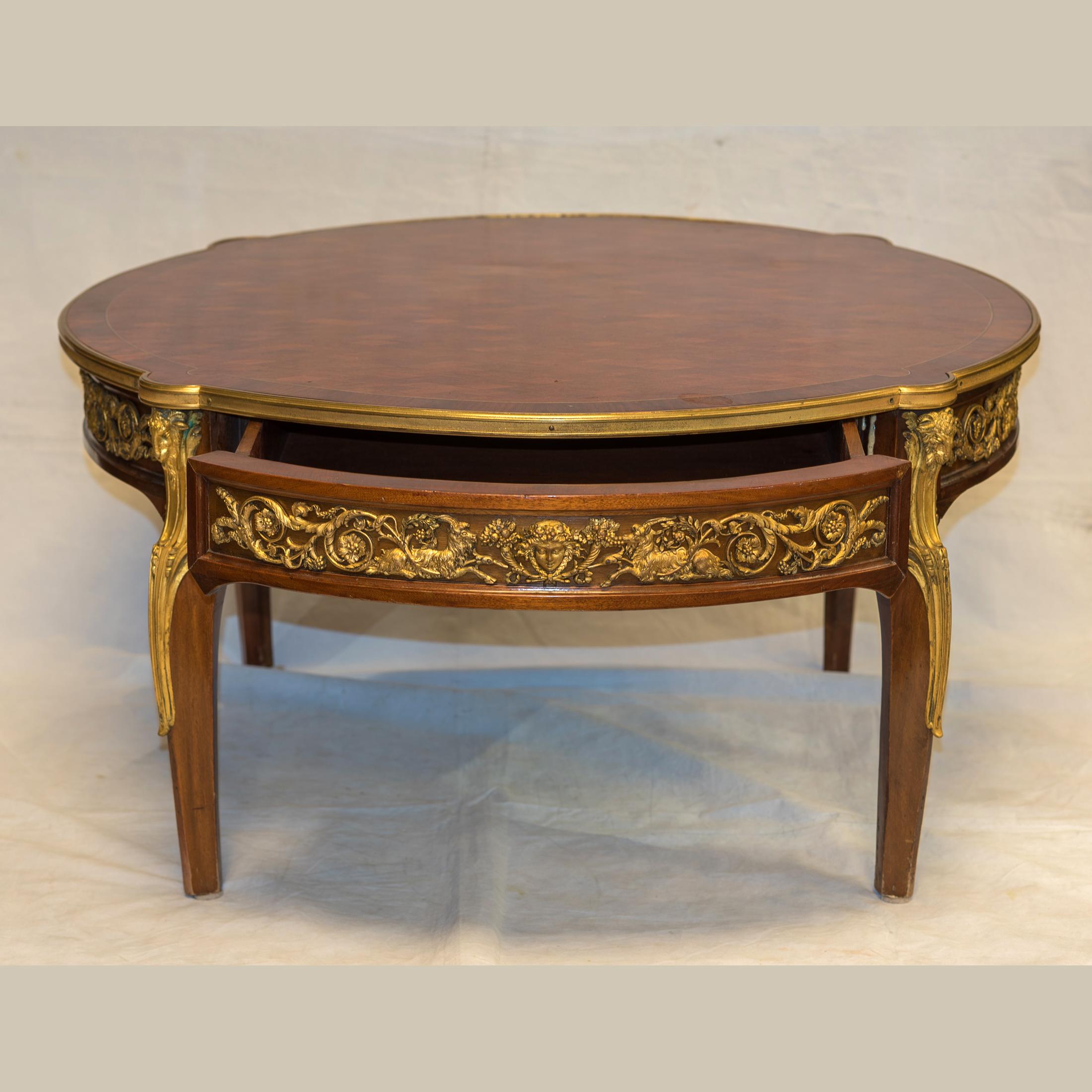 French Louis XVI Style Ormolu-Mounted Cube Parquetry Low Round Coffee Table