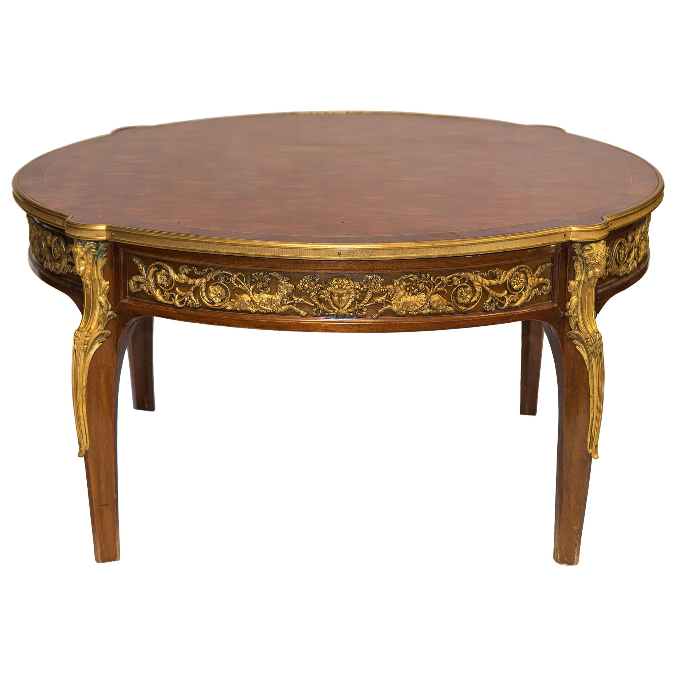 Louis XVI Style Ormolu-Mounted Cube Parquetry Low Round Coffee Table