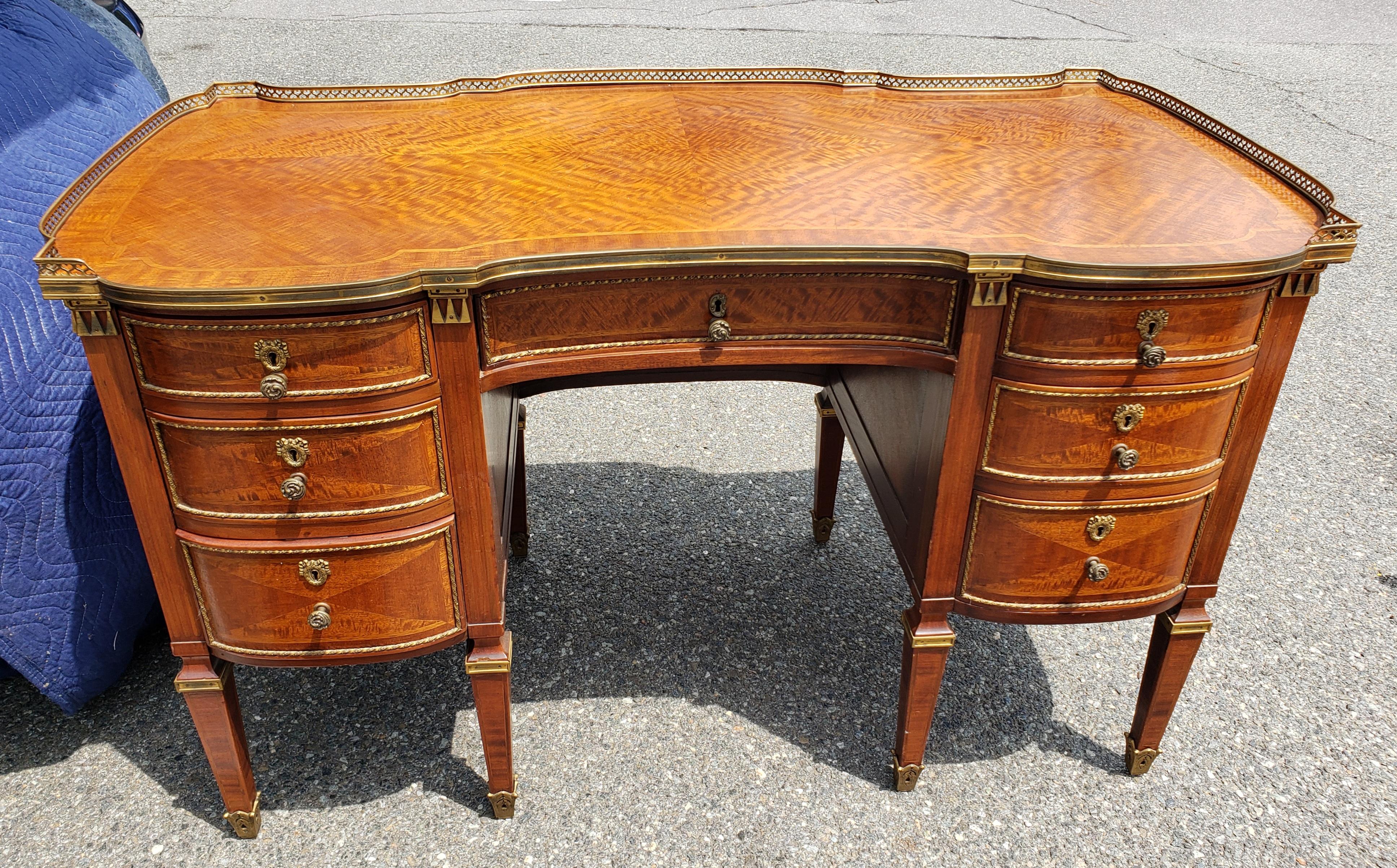 French Louis XVI Style Ormolu Mounted Galleried Mahogany Burl and Marquetry Desk  For Sale