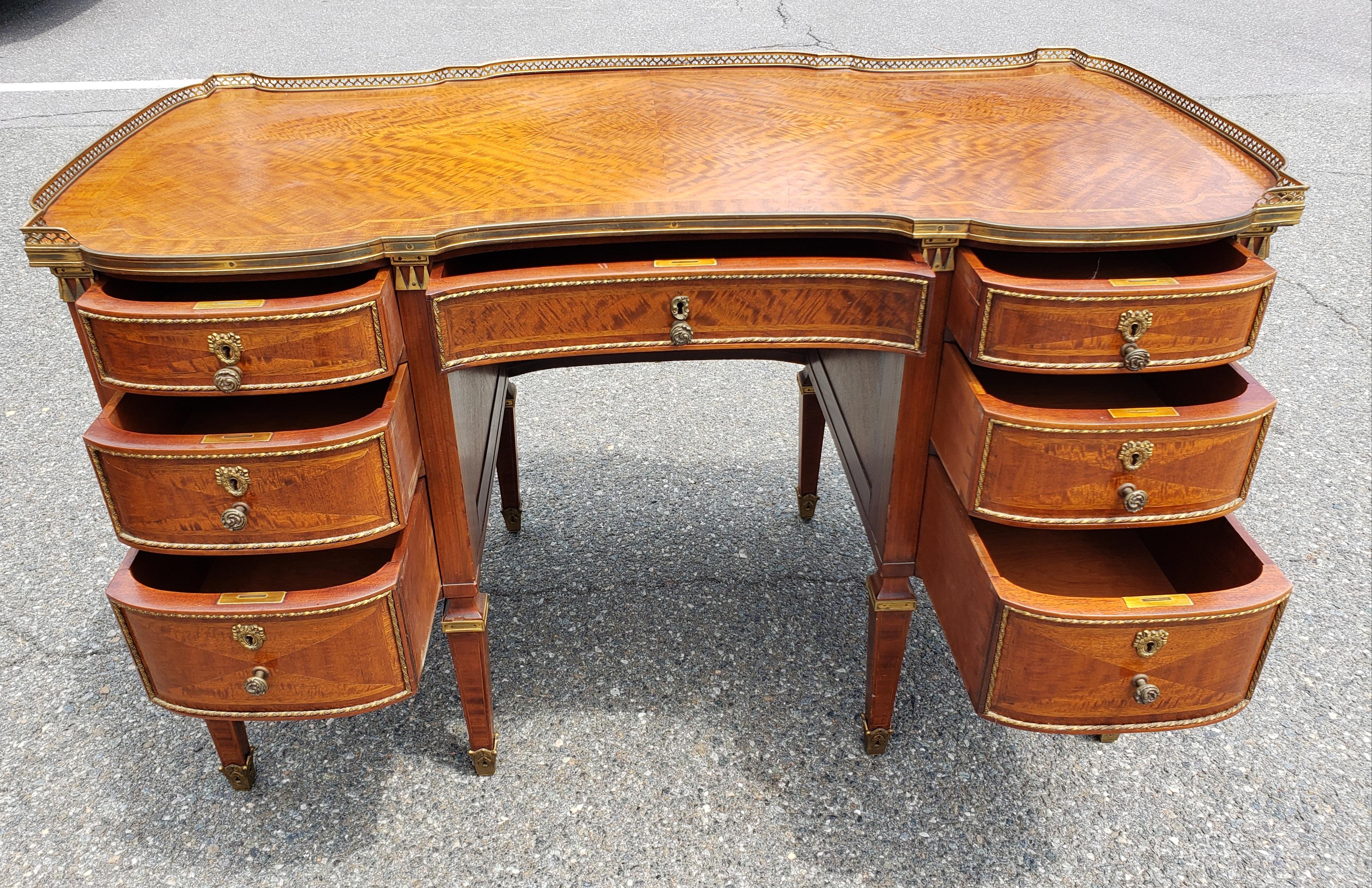 Varnished Louis XVI Style Ormolu Mounted Galleried Mahogany Burl and Marquetry Desk  For Sale
