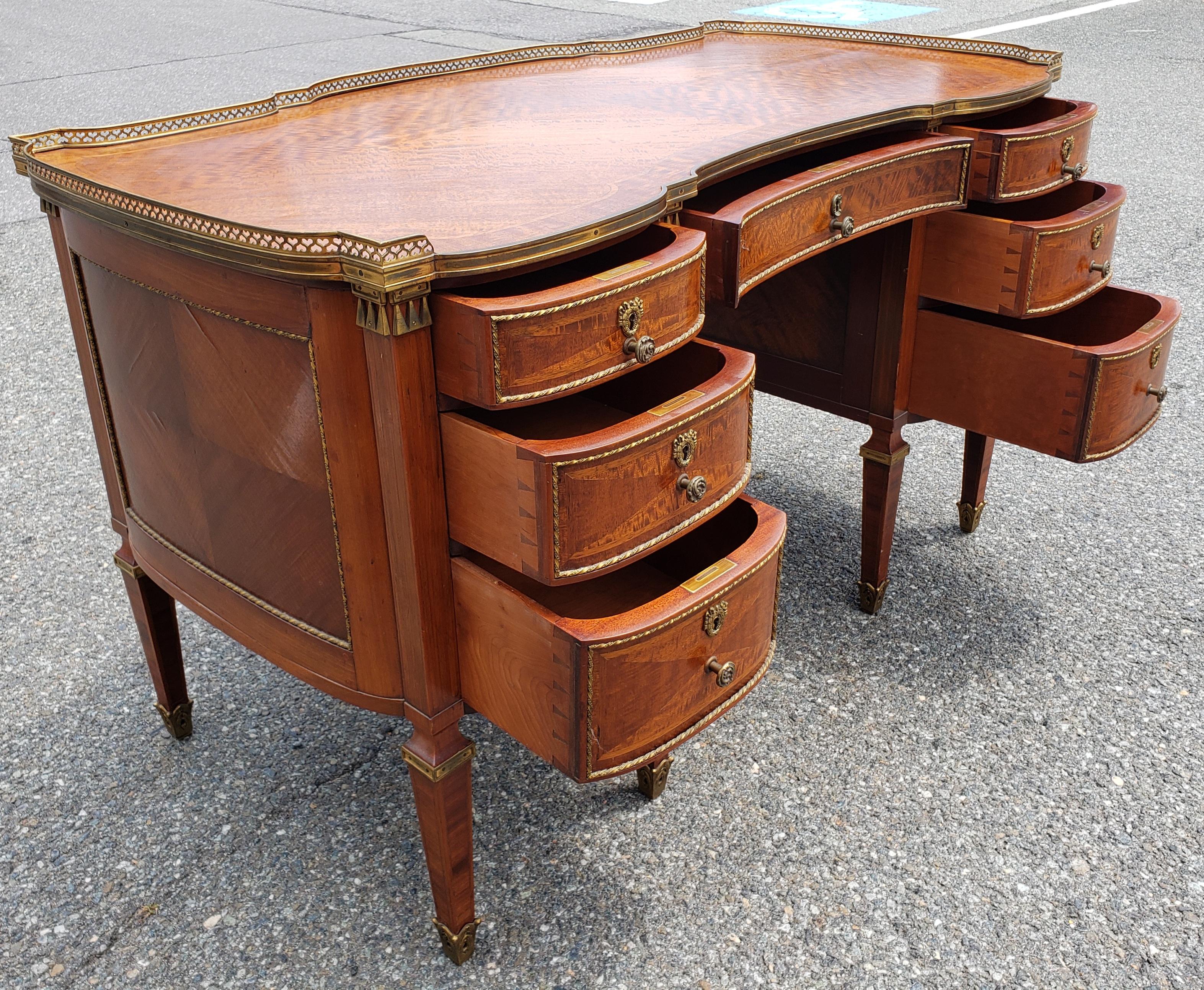 Louis XVI Style Ormolu Mounted Galleried Mahogany Burl and Marquetry Desk  In Good Condition For Sale In Germantown, MD