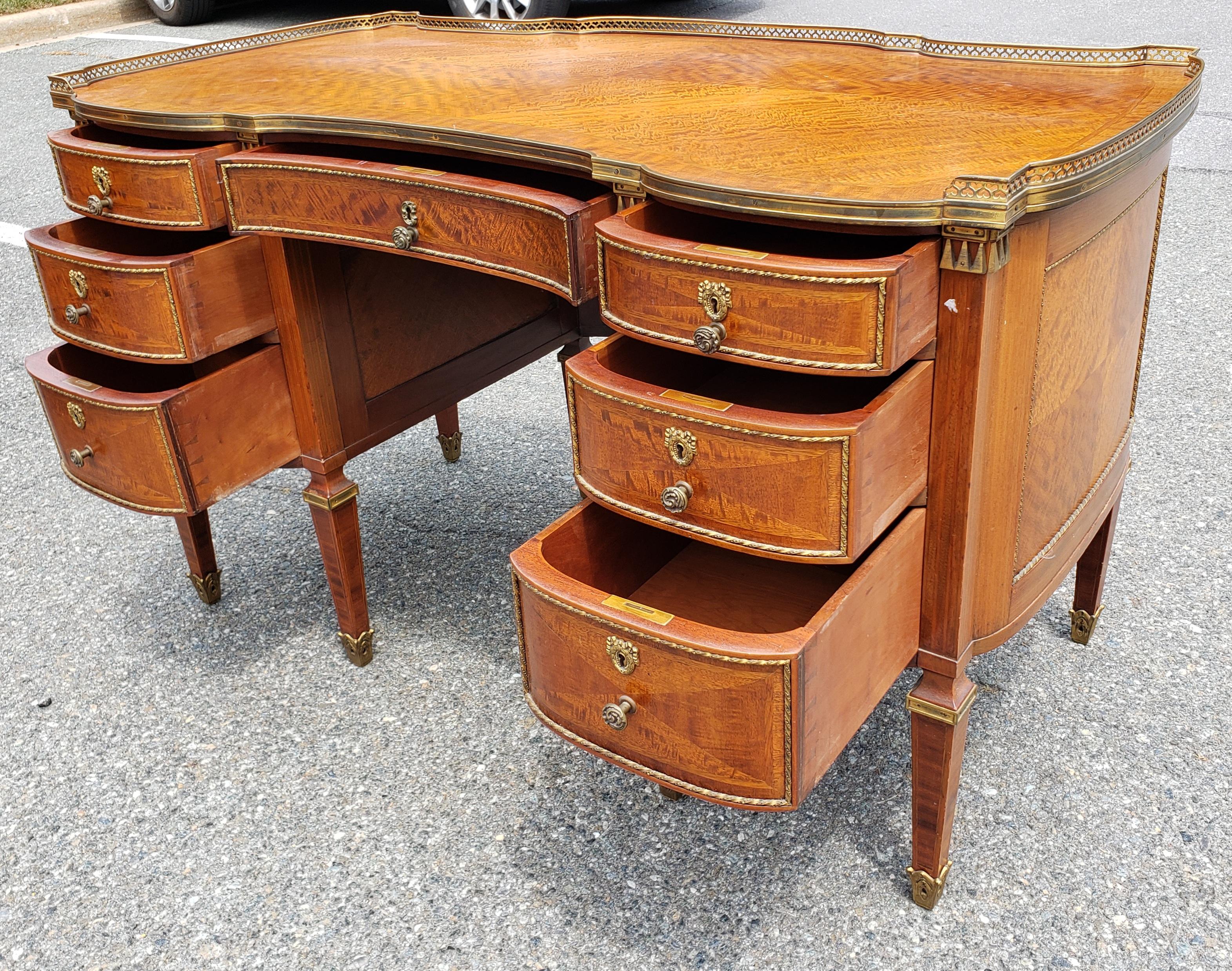 20th Century Louis XVI Style Ormolu Mounted Galleried Mahogany Burl and Marquetry Desk  For Sale